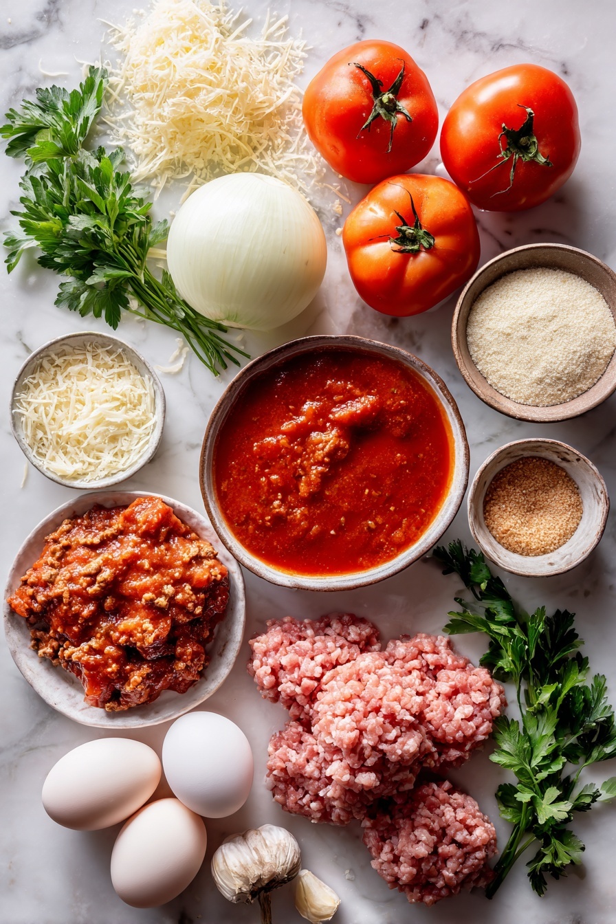 Flat lay of whole stewed tomatoes with rich red juices, bright red tomato sauce in a small pool, halved large white onions showing their layered texture, fresh green flat-leaf parsley sprigs scattered around, cloves of peeled garlic, freshly grated Parmesan cheese in a small pile, raw ground beef and ground pork portions with a pinkish-red color, smooth brown Italian-style breadcrumbs, and three large fresh eggs, all beautifully arranged on a white marble surface, photo taken with an iphone --ar 2:3 --v 7 - Spaghetti and Meatballs, Italian pasta with meatballs, Classic spaghetti and meatballs, Best homemade spaghetti and meatballs, Easy meatball recipe