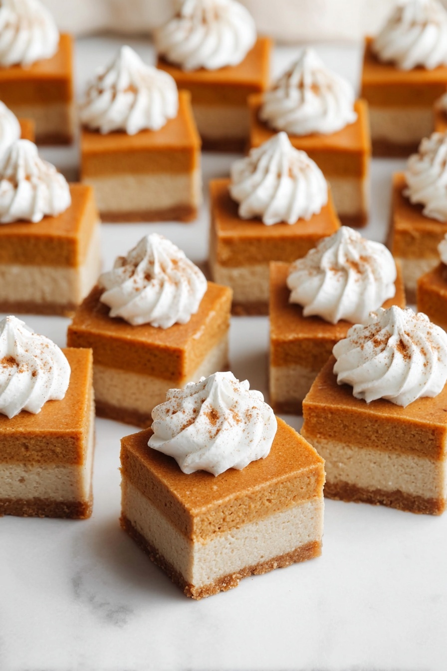 The image shows many small square dessert bars arranged on a white marbled surface. Each bar has two layers: a lighter beige bottom layer that looks firm, and a thicker top layer of smooth, orange-brown color. On top of each bar is a swirl of white whipped cream with a small sprinkle of brown spice, centered on the orange layer. The bars are evenly spaced and appear soft and moist. Photo taken with an iphone --ar 2:3 --v 7 - Pumpkin Pie Bars with Shortbread Crust and Whipped Cream, pumpkin dessert bars, fall pumpkin treat, easy pumpkin pie bars, festive pumpkin dessert