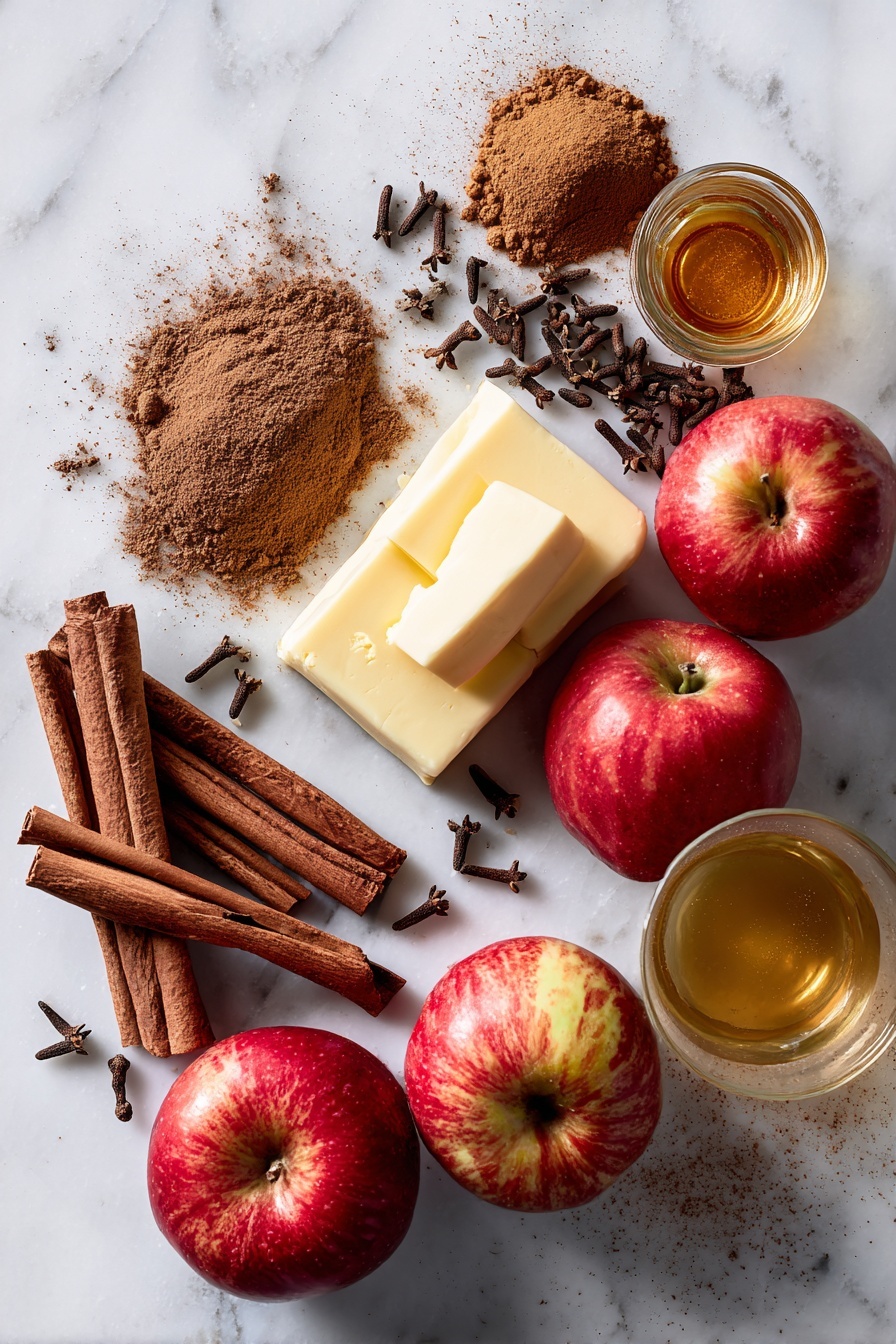 Flat lay of fresh whole cinnamon sticks, a small pile of ground cinnamon and nutmeg powders, dark brown sugar crystals, smooth unsalted butter slabs, a few bright red apples, a glass of golden apple cider, and a scattering of whole cloves, all beautifully arranged on a white marble surface, photo taken with an iphone --ar 2:3 --v 7 - Apple Cider Bundt Cake with Cinnamon Sugar and Glaze, fall apple cake recipes, cozy autumn desserts, moist apple cake with glaze, cinnamon spice cake