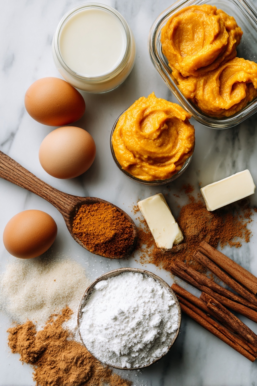 Flat lay of bright orange pumpkin puree dollops, smooth whole milk in a small glass jar, two fresh brown eggs, a stick of unsalted butter partially melted, a wooden spoon heap of golden brown granulated sugar, warm brown cinnamon sticks, a small pile of ground allspice powder, and a scattering of ground ginger powder artfully arranged with a few maple syrup drizzles nearby, placed on a white marble surface, photo taken with an iphone --ar 2:3 --v 7 - Pumpkin Pancakes, pumpkin pancake recipe, fall breakfast ideas, fluffy pumpkin pancakes, cozy seasonal breakfast
