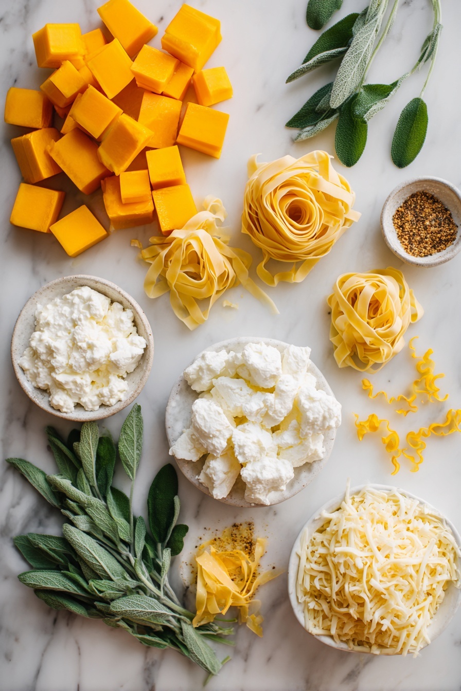 Flat lay of vibrant cubed butternut squash, fresh green sage leaves, bright lemon zest curls, creamy white ricotta cheese dollops, shredded golden mozzarella cheese, crumbly Pecorino cheese chunks, delicate sheets of uncooked lasagna noodles, and a sprinkle of warm ground nutmeg, all beautifully arranged with a natural, fresh look placed on a white marble surface, photo taken with an iphone --ar 2:3 --v 7 - Butternut Squash Lasagna with Sage, vegetarian butternut squash lasagna, cozy fall lasagna recipes, homemade butternut squash casserole, healthy baked lasagna with sage