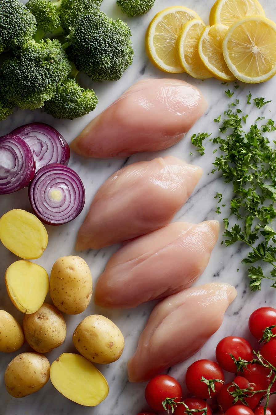 Flat lay of four raw boneless, skinless chicken breasts surrounded by vibrant green broccoli florets, bright red sliced onion rings, halved baby potatoes with creamy yellow centers, a cluster of shiny red cherry tomatoes, fresh lemon wedges, and a small pile of chopped green parsley leaves, all beautifully arranged on a white marble surface, photo taken with an iphone --ar 2:3 --v 7 - Sheet Pan Chicken and Veggies, Sheet Pan Chicken and Veggies recipe, easy roasted chicken and vegetables, healthy sheet pan dinner, one-pan chicken meal