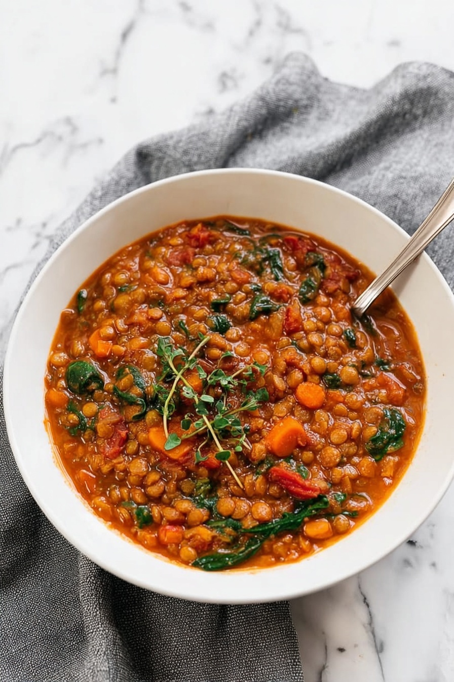 A white bowl filled with thick lentil stew that has a rich orange-red color with visible small lentils, diced carrots, spinach leaves, and tomato pieces mixed throughout. The stew is topped with small sprigs of green herbs, and a silver spoon is resting inside the bowl on the right side. The bowl is placed on a grey cloth over a white marbled surface. Photo taken with an iphone --ar 2:3 --v 7 - Best Lentil Soup, hearty lentil soup recipe, easy lentil soup, healthy lentil soup, comforting lentil soup