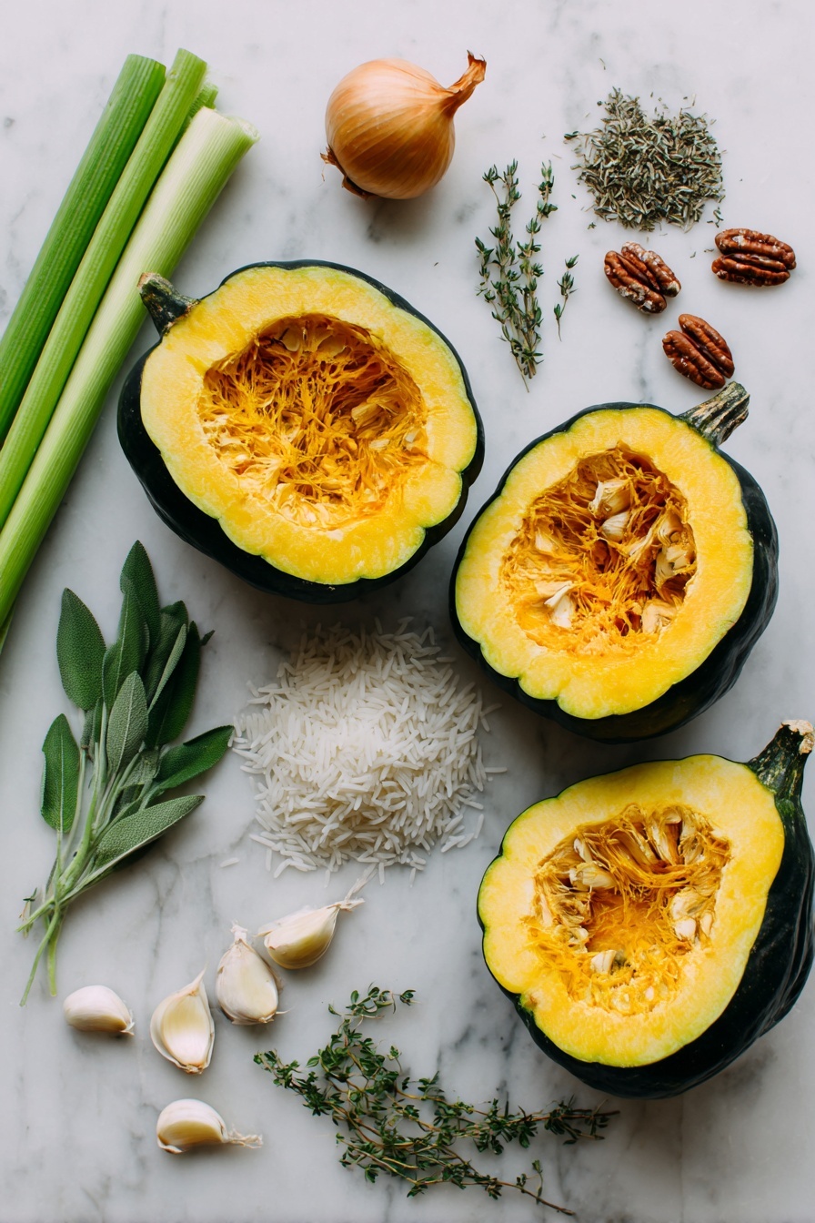 Flat lay of two small acorn squashes halved to show their bright orange flesh, a small yellow onion whole and diced, two fresh celery stalks with crisp green leaves, three cloves of garlic with papery skins, a handful of raw pecan pieces scattered around, a small mound of uncooked white basmati rice, dried sage and thyme sprigs lightly spread nearby, and creamy white crumbles of feta cheese, all beautifully arranged with natural light highlighting their colors and textures, placed on a white marble surface, photo taken with an iphone --ar 2:3 --v 7 - Stuffed Acorn Squash with Sage Rice and Pecans, roasted acorn squash, fall healthy dinner, festive acorn squash recipe, vegetarian holiday main dish