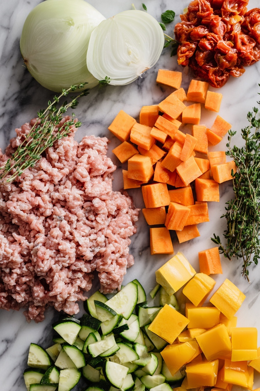 Flat lay of ground turkey in fresh pinkish ground form, large chopped onion with visible layers, bright orange carrot chunks, crisp green celery sticks chopped, peeled sweet potato cubes with vibrant orange color, fresh zucchini slices showing green skin and pale flesh, yellow squash pieces with soft yellow tones, fire-roasted diced tomatoes with rich red color, a small bunch of fresh thyme sprigs with delicate green leaves, all beautifully arranged on a white marble surface, photo taken with an iphone --ar 2:3 --v 7 - Turkey Vegetable Soup, healthy turkey vegetable soup, hearty vegetable soup with turkey, easy turkey vegetable soup, nutritious turkey soup