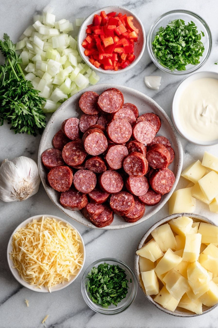 Flat lay of sliced andouille sausage rounds, diced white onion, chopped celery stalk, bright red diced bell pepper, minced garlic cloves, peeled and cubed russet potatoes, a small heap of shredded mild cheddar cheese, fresh green parsley sprigs, and a small bowl of creamy heavy whipping cream, all beautifully arranged on a white marble surface, photo taken with an iphone --ar 2:3 --v 7 - Cajun Potato Soup with Andouille Sausage and Cheddar, Cajun potato soup, spicy sausage potato soup, creamy Cajun potato soup, easy Cajun soup recipe