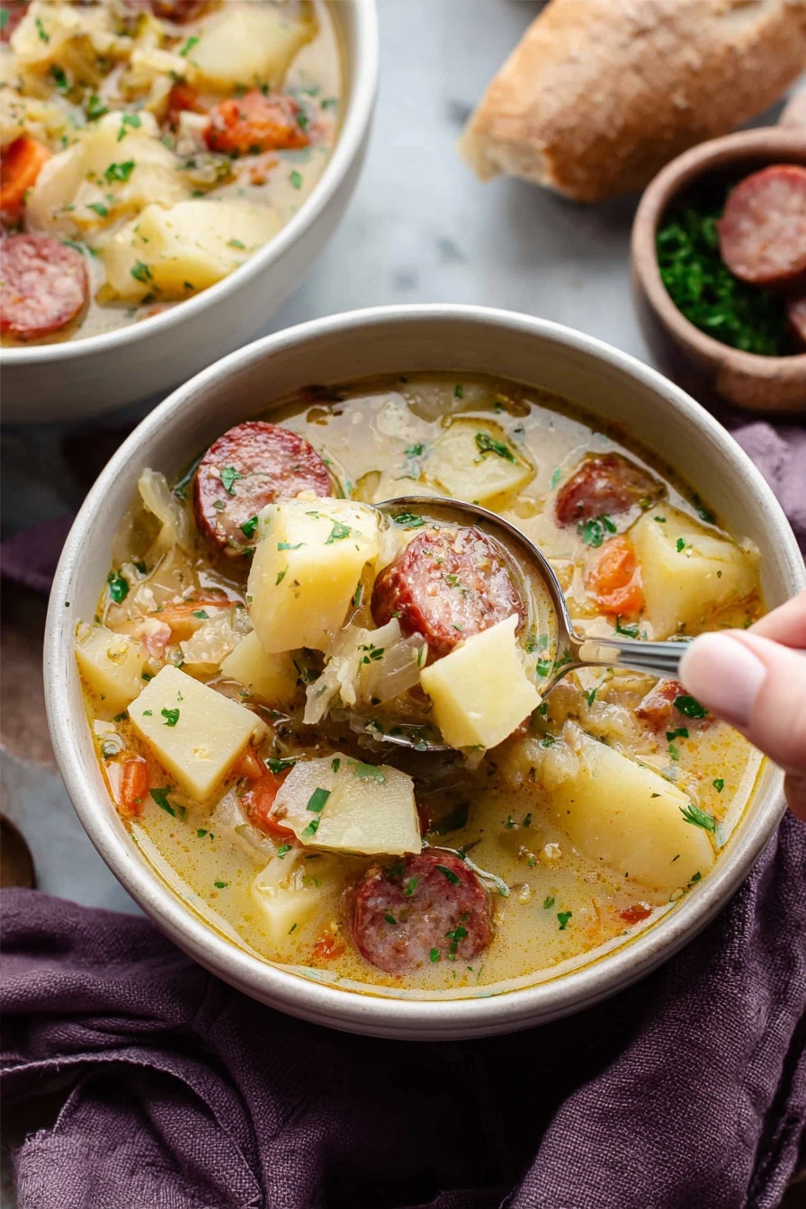 The image shows a white bowl filled with a thick soup that has multiple layers and textures. The bottom layer is a creamy, light yellow broth. Within the broth, there are large chunks of light yellow potatoes and slices of browned sausage with a reddish-brown color. Small bits of orange carrots and translucent onions are scattered throughout. The soup is sprinkled with finely chopped green herbs on top, adding a touch of green color. A silver ladle, held by a woman's hand, is scooping some of the soup, showing the chunky mix clearly. The bowls are on a white marbled surface with a soft purple cloth nearby. Photo taken with an iphone --ar 2:3 --v 7 - Cajun Potato Soup with Andouille Sausage and Cheddar, Cajun potato soup, spicy sausage potato soup, creamy Cajun potato soup, easy Cajun soup recipe