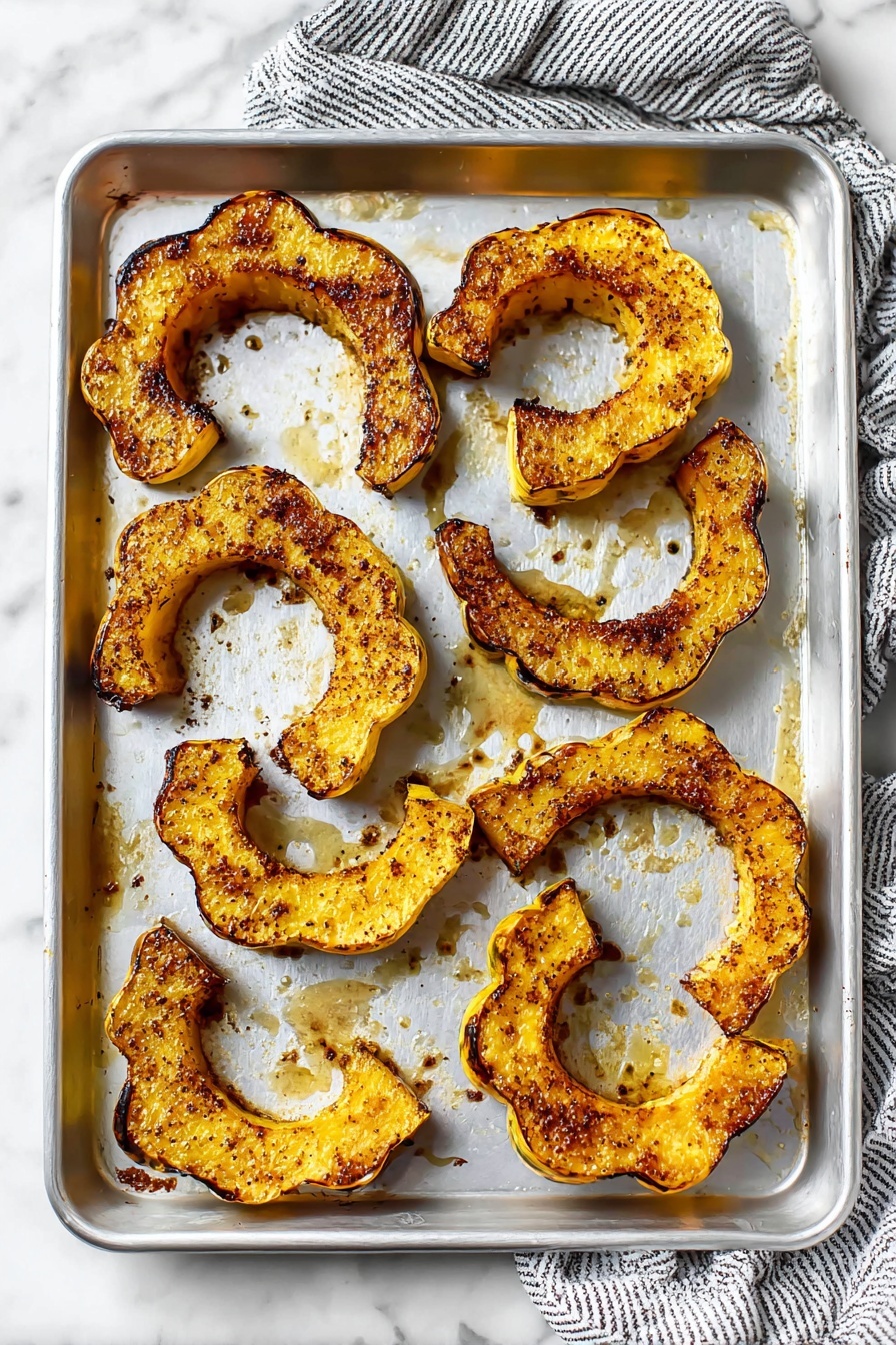 A white plate filled with roasted squash slices, each slice shaped like a crescent with dark green skin on the outer edge and golden, slightly crispy inside. The squash slices are sprinkled with black pepper and small bits of fried garlic or herbs, with finely chopped green parsley scattered over the top. The texture of the squash is tender but firm, with some edges crisped and slightly browned. A silver fork rests on the side of the plate against the white marbled surface. Photo taken with an iphone --ar 2:3 --v 7 - Parmesan Herb Roasted Acorn Squash, roasted acorn squash, fall vegetable recipes, healthy side dishes, easy squash recipes