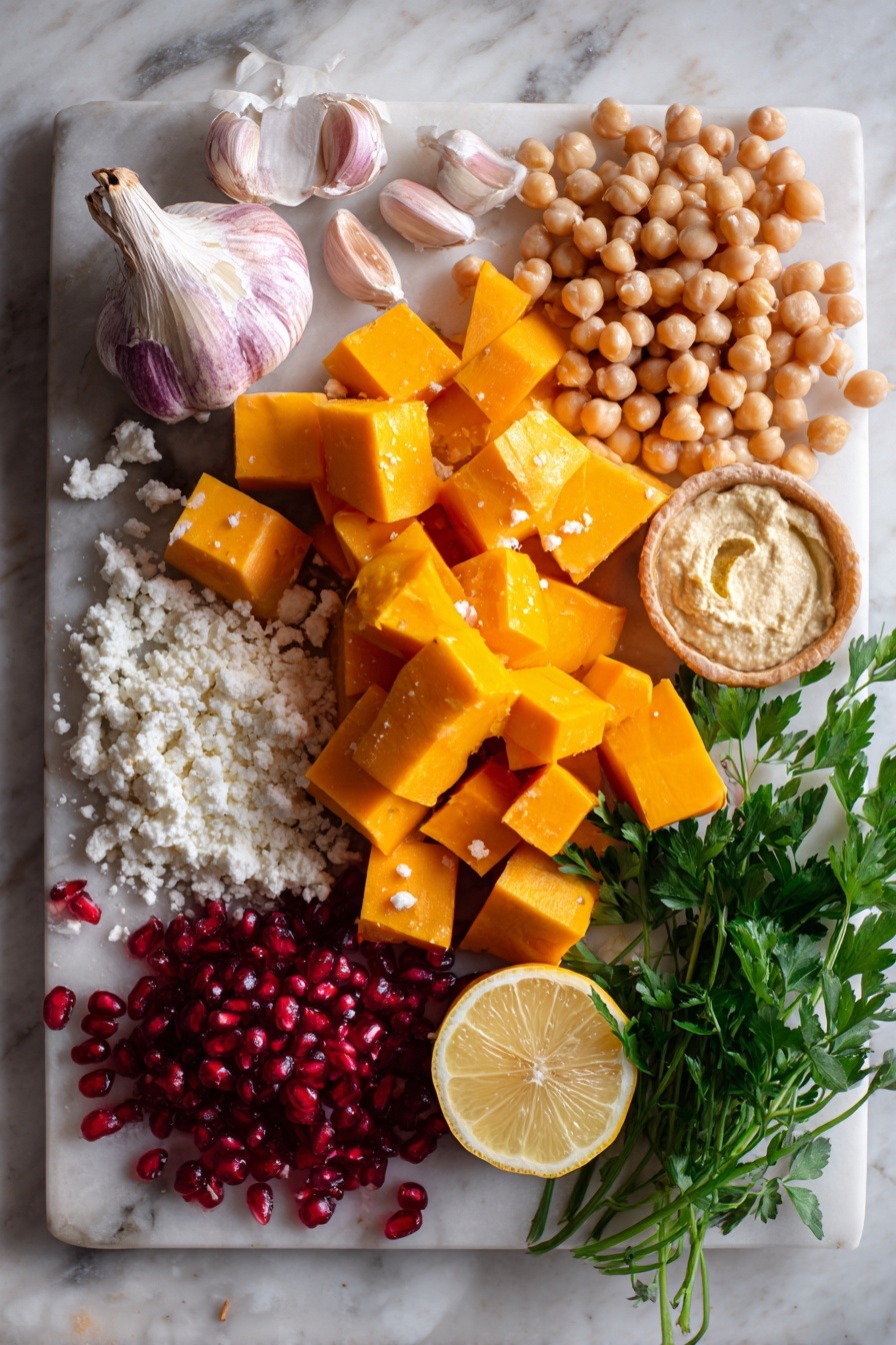 Flat lay of vibrant cubed butternut squash, whole garlic cloves, plump cooked chickpeas, creamy tahini in a small mound, bright lemon wedges, sparkling ruby red pomegranate arils, crumbled white feta cheese, fresh green parsley leaves, and delicate microgreens, all beautifully arranged and spaced on a white marble surface, photo taken with an iphone --ar 2:3 --v 7 - Butternut Squash Hummus with Feta & Pomegranates, Roasted Butternut Squash Hummus, Feta and Pomegranate Hummus, Healthy Fall Appetizer, Easy Vegan Hummus