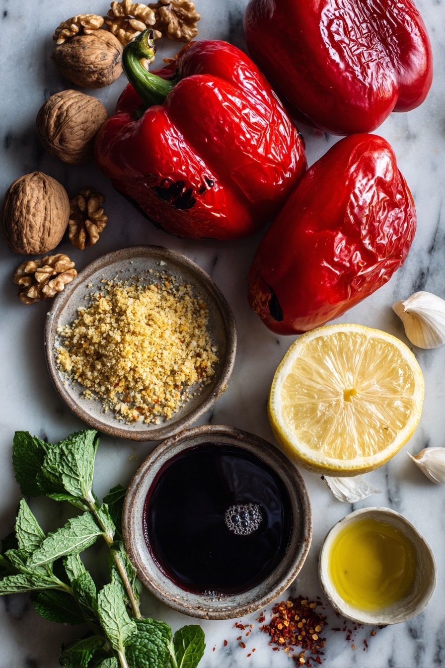 Flat lay of three roasted red bell peppers with their vibrant, slightly charred skin, a small heap of fresh golden bread crumbs, a cluster of whole walnuts showing their textured shells, a few glistening drops of extra-virgin olive oil pooling beside a rustic garlic clove, a small bowl of deep, dark pomegranate molasses, a wedge of fresh lemon shining with bright yellow flesh, scattered Aleppo pepper flakes adding a touch of red spice, and fresh mint leaves with their bright green color placed on a white marble surface, photo taken with an iphone --ar 2:3 --v 7 - Muhammara roasted red pepper and walnut spread, Middle Eastern walnut spread with pomegranate molasses, flavorful roasted pepper and walnut dip, easy Muhammara recipe, versatile Middle Eastern spread