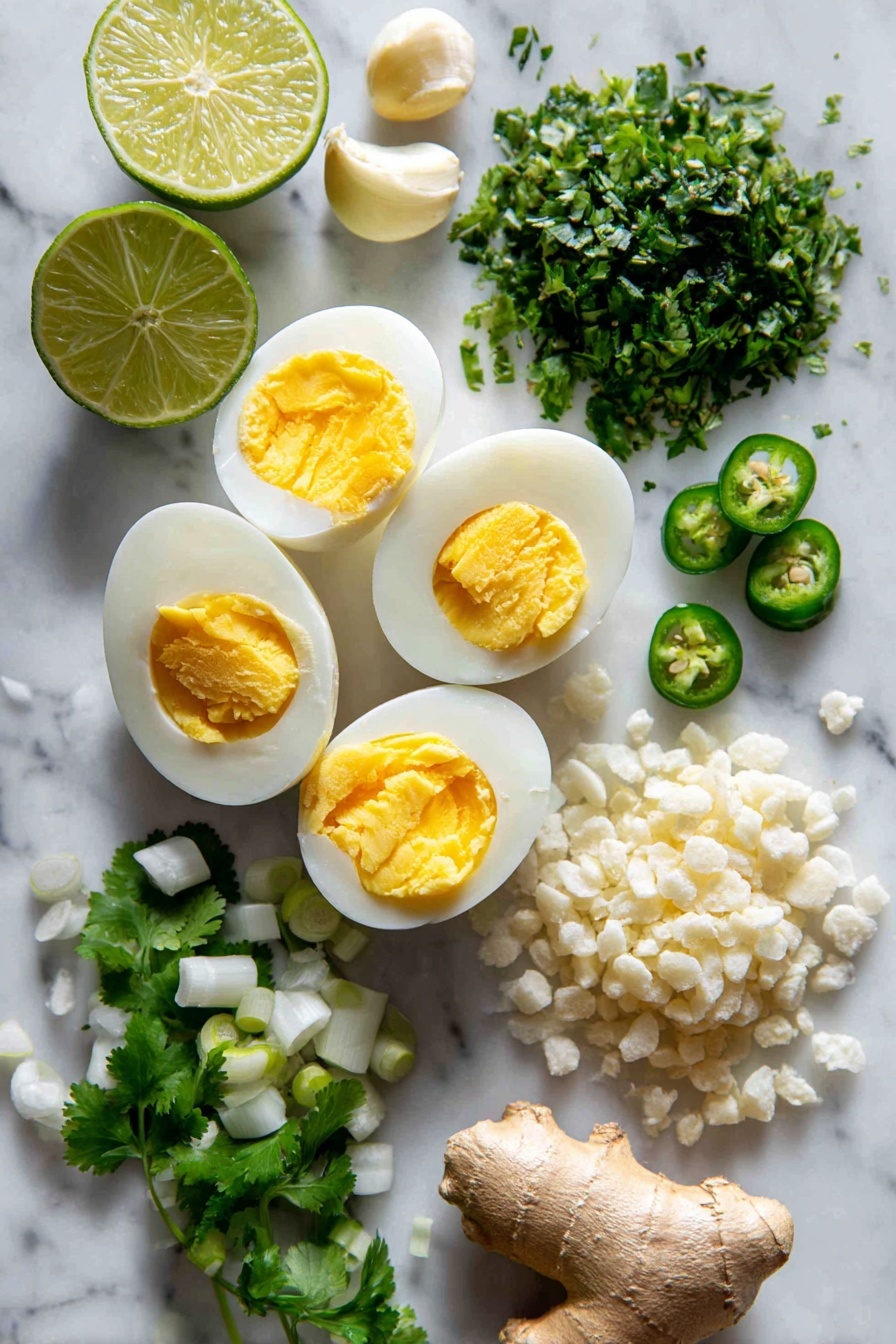 Flat lay of six peeled hard-cooked eggs halved with bright yellow yolks, fresh cilantro leaves finely chopped into small vibrant green pieces, thinly sliced scallions with crisp white and green rings, peeled garlic cloves whole and chopped, fresh lime halves with a bright green interior, small fresh serrano chiles sliced thinly showing their seeds, a piece of peeled fresh ginger root with its light tan skin, and a small pile of pale puffed rice grains, all beautifully arranged on a white marble surface, photo taken with an iphone --ar 2:3 --v 7 - Green Curry Deviled Eggs, Thai-inspired fancy eggs, exotic appetizer ideas, spicy egg snacks, flavorful party appetizers