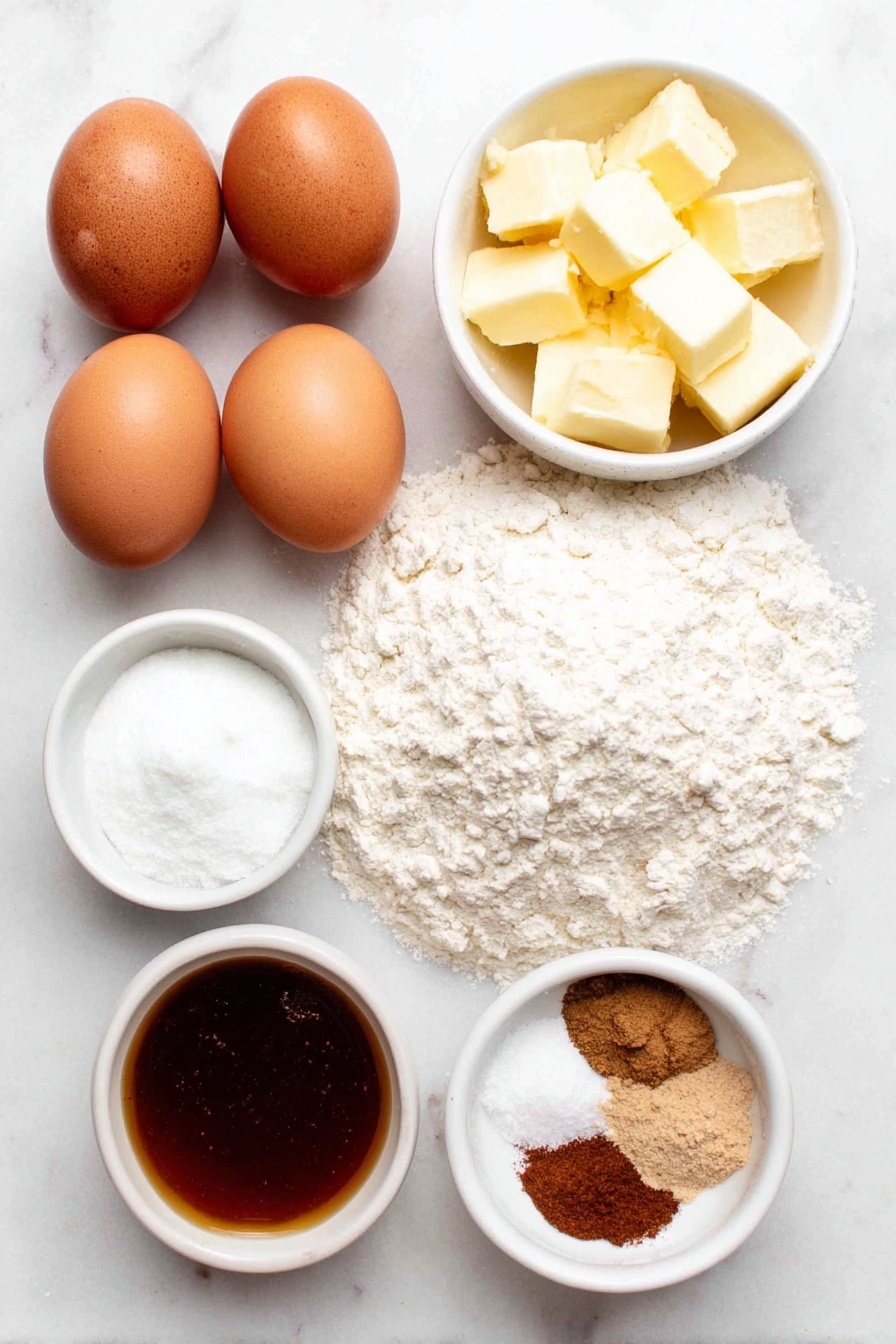 Flat lay of two cold large eggs with clean shells, a small pile of light brown packed brown sugar, a few chunks of unsalted butter, a small white ceramic bowl of unsweetened applesauce, a small white ceramic bowl of cold buttermilk, a small white ceramic bowl of granulated sugar mixed with ground cinnamon, a mound of all-purpose flour dusted lightly with some flour around it, a small white ceramic bowl filled with golden apple cider syrup, a small pile of ground cinnamon, a small pile of freshly grated ground nutmeg, a small pile of kosher salt, a small pile of baking powder, a small pile of baking soda, all arranged symmetrically and neatly spaced, placed on a clean white marble surface, soft natural light, photo taken with an iPhone, professional food photography style, fresh ingredients, white ceramic bowls, no bottles, no duplicates, no utensils, no packaging --ar 2:3 --v 7 --p awthu7i m7354615311229779997 - Apple Cider Donuts, Apple Cider Donuts Recipe, Fall Donut Recipes, Cinnamon Sugar Donuts, Homemade Apple Cider Donuts