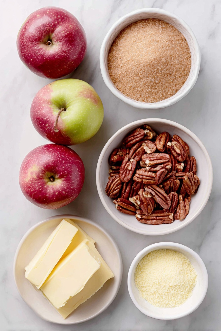 Flat lay of fresh whole red and green apples, a small white ceramic bowl filled with golden light brown sugar crystals, a small white ceramic bowl containing ground cinnamon powder, thinly sliced salted butter arranged neatly on a simple white ceramic plate, a small white ceramic bowl with chopped pecans, and a small white ceramic bowl holding yellow cake mix powder, all arranged in perfect symmetry and realistic proportions, placed on a clean white marble surface, soft natural light, photo taken with an iPhone, professional food photography style, fresh ingredients, white ceramic bowls, no bottles, no duplicates, no utensils, no packaging --ar 2:3 --v 7 --p awthu7i m7354615311229779997 - Apple Dump Cake, easiest apple dump cake, apple dessert recipes, quick apple cake, homemade apple dump cake