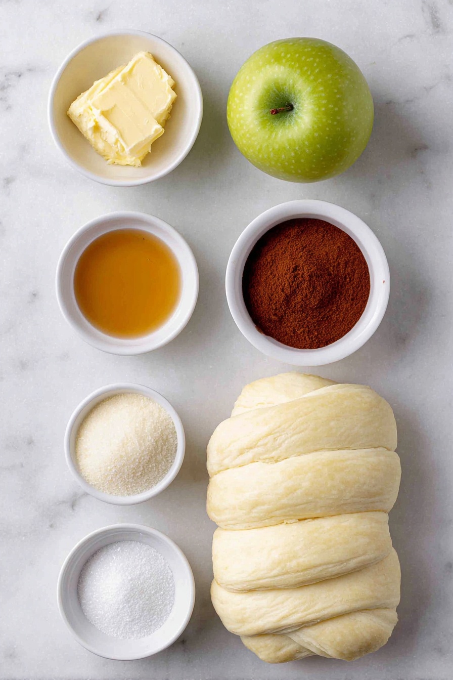 Flat lay of two bright green Granny Smith apples, a small white bowl of melted butter, a small white bowl of granulated sugar, a small white bowl with amber vanilla extract, a small white bowl filled with ground cinnamon, and two unwrapped crescent rolls showing their creamy dough texture neatly arranged in perfect symmetry, placed on a clean white marble surface, soft natural light, photo taken with an iPhone, professional food photography style, fresh ingredients, white ceramic bowls, no bottles, no duplicates, no utensils, no packaging --ar 2:3 --v 7 --p awthu7i m7354615311229779997 - Apple Dumplings with Mountain Dew Sauce, Mountain Dew apple dessert, easy apple dumplings, caramel apple dumplings, quick fruit dessert
