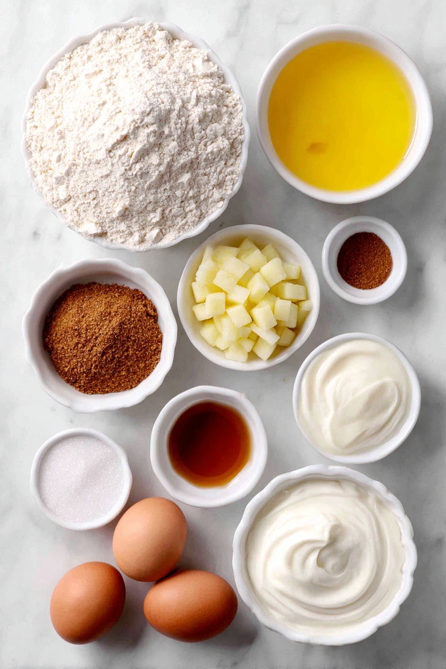 Flat lay of a small pile of white whole wheat flour, a small heap of ground cinnamon, a few whole uncracked brown eggs, a small mound of diced fresh apple cubes, a small mound of freshly grated apple, a small white ceramic bowl filled with golden melted coconut oil, a small white ceramic bowl with amber maple syrup, a small white ceramic bowl of creamy plain Greek yogurt, a small white ceramic bowl holding smooth applesauce, a small white ceramic bowl with clear vanilla extract, a small white ceramic bowl containing raw turbinado sugar, all arranged with perfect symmetry and balanced proportions, placed on a clean white marble surface, soft natural light, photo taken with an iPhone, professional food photography style, fresh ingredients, white ceramic bowls, no bottles, no duplicates, no utensils, no packaging --ar 2:3 --v 7 --p awthu7i m7354615311229779997 - Healthy Apple Muffins, wholesome apple muffins, easy healthy muffins, natural sweet apple muffins, nutritious breakfast muffins