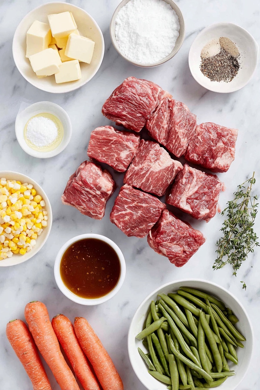 Flat lay of fresh 2-inch chunks of raw chuck roast, a small mound of coarse ground black pepper, a small heap of Kosher salt, a small white ceramic bowl of all-purpose flour, a small white ceramic bowl with unsalted butter cubes, a small white ceramic bowl with canola oil, half a yellow onion chopped into pieces, four cloves of whole garlic with skins on, two large carrots cut into chunks, two Yukon gold potatoes chopped, a small pile of fresh corn kernels, a small white ceramic bowl filled with rich beef broth, a small white ceramic bowl with thick tomato paste, a single fresh bay leaf, a few sprigs of fresh thyme, a small white ceramic bowl with Worcestershire sauce, a handful of fresh green beans, and a handful of fresh green peas, all arranged in perfect symmetry on a clean white marble surface, soft natural light, photo taken with an iPhone, professional food photography style, fresh ingredients, white ceramic bowls, no bottles, no duplicates, no utensils, no packaging --ar 2:3 --v 7 --p awthu7i m7354615311229779997 - Vegetable Beef Stew, hearty beef stew recipe, easy beef stew, comforting vegetable beef stew, how to make beef stew