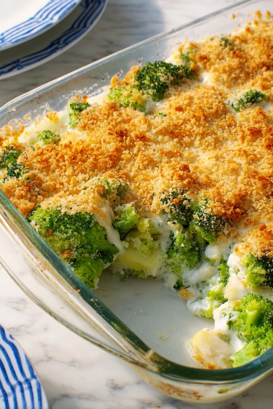 The image shows a clear glass baking dish filled with a broccoli casserole topped with a golden, crispy breadcrumb layer. Inside the casserole, bright green broccoli florets are covered with melted white cheese beneath the crunchy topping. A spoon is scooping some broccoli and breadcrumbs from the dish. Next to the baking dish, there is a white plate with blue stripes holding some servings of the casserole. The setting is on a white marbled textured surface with a folded white cloth napkin under the plate and dish. Photo taken with an iphone --ar 2:3 --v 7 - Broccoli Cheese Casserole, cheesy broccoli bake, easy broccoli casserole, healthy broccoli side dish, comforting cheesy casserole