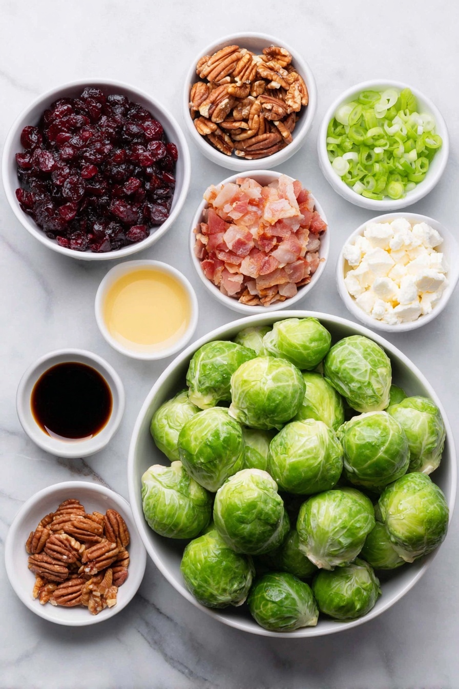 Flat lay of fresh whole Brussels sprouts with bright green leaves, a small white bowl of deep red dried cranberries, chopped glossy red apple pieces, a handful of roughly chopped pecans, golden crispy chopped bacon bits, thinly sliced green onions with vibrant white and green parts, crumbled white feta cheese in a small white bowl, small white bowls containing dark balsamic vinegar, golden olive oil, amber maple syrup, and a creamy pale yellow dijon mustard, all arranged symmetrically and naturally, placed on a clean white marble surface, soft natural light, photo taken with an iPhone, professional food photography style, fresh ingredients, white ceramic bowls, no bottles, no duplicates, no utensils, no packaging --ar 2:3 --v 7 --p awthu7i m7354615311229779997 - Brussels Sprout Salad with Cranberries Apples and Maple Balsamic, healthy Brussels sprout salad, easy festive salad, vegetable salad with fruit, vegan salad ideas