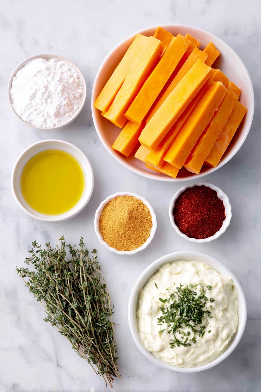 Flat lay of a handful of fresh peeled butternut squash sticks cut into long uniform pieces, a small white ceramic bowl filled with fine white cornstarch, another small white bowl containing golden olive oil, a heap of golden yellow garlic powder, a small pile of deep reddish paprika powder, a delicate bundle of dried green thyme sprigs, a small white bowl of smooth creamy mayo topped with chopped fresh green herbs, and a few scattered grains of coarse salt and black peppercorns, all arranged with perfect symmetry on a clean white marble surface, soft natural light, photo taken with an iPhone, professional food photography style, fresh ingredients, white ceramic bowls, no bottles, no duplicates, no utensils, no packaging --ar 2:3 --v 7 --p awthu7i m7354615311229779997 - Baked Butternut Squash Fries, healthy baked veggie fries, crispy butternut squash snack, easy fall vegetable recipes, low-oil oven fries