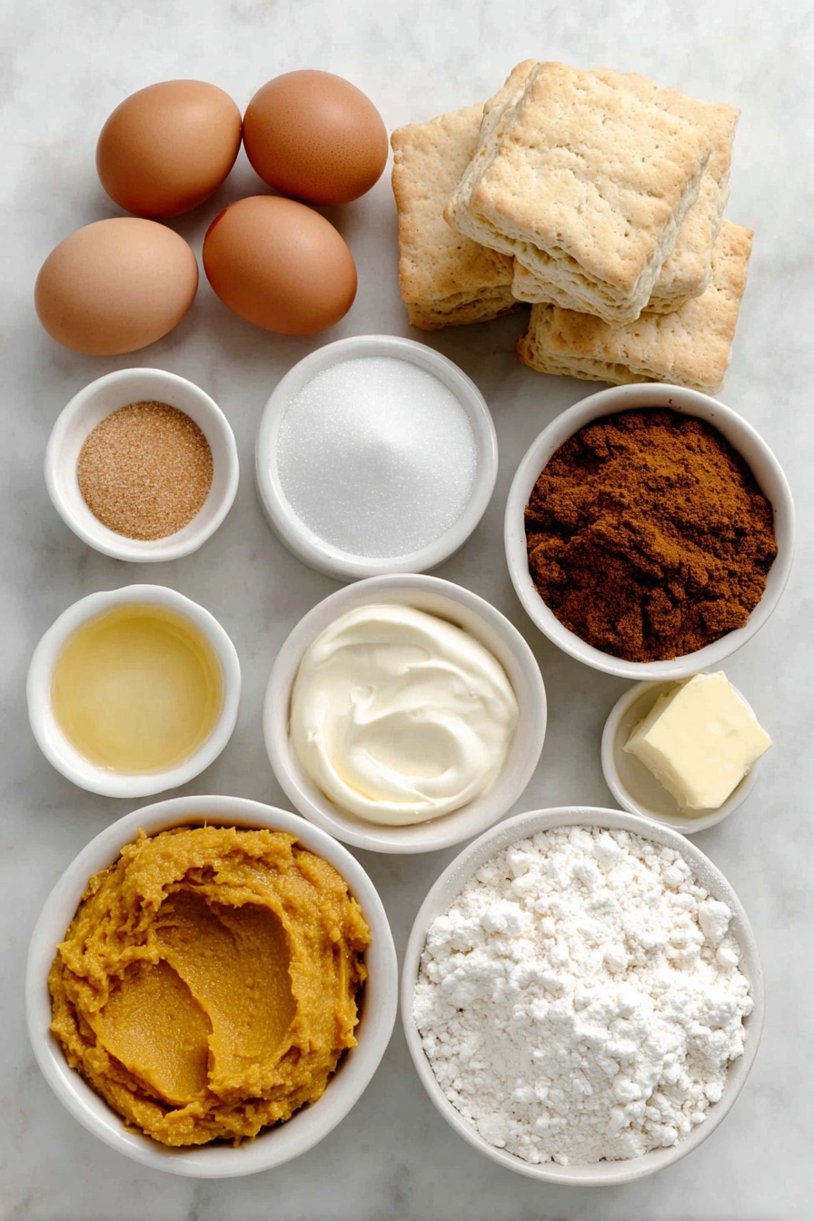 Flat lay of three whole uncracked brown eggs, a small bowl of granulated white sugar, a small bowl of packed light brown sugar, a small bowl of vibrant orange pumpkin puree, a small bowl of heavy cream, a small bowl of melted golden salted butter, a small bowl of golden pumpkin pie spice powder, a small bowl of clear vanilla extract, several whole buttermilk biscuits stacked next to each other, placed on a clean white marble surface, soft natural light, photo taken with an iPhone, professional food photography style, fresh ingredients, white ceramic bowls, no bottles, no duplicates, no utensils, no packaging --ar 2:3 --v 7 --p awthu7i m7354615311229779997 - Pumpkin Spice Monkey Bread, pumpkin spice dessert, fall breakfast recipes, easy monkey bread recipe, holiday brunch ideas