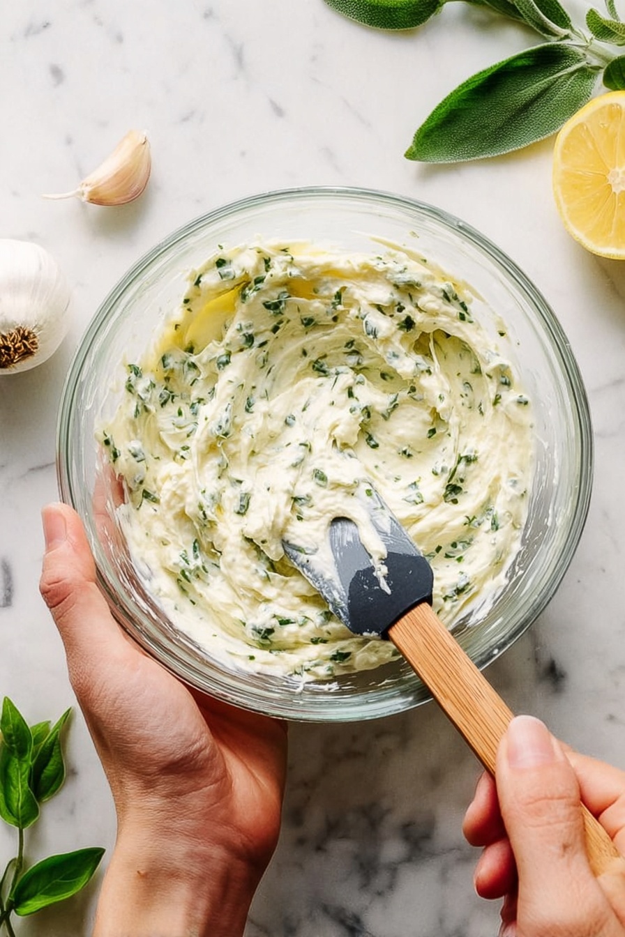 A clear glass bowl filled with a creamy white mixture that has small green herb pieces evenly spread throughout. A woman's hand holds the bowl from the left side while another woman's hand uses a spatula with a wooden handle and a black silicone blade to mix the creamy herb spread inside. The bowl sits on a white marbled surface with green leaves and a whole garlic clove to the top left and a halved lemon to the right. Photo taken with an iphone --ar 2:3 --v 7 - Herb Compound Butter, Herb Compound Butter Recipes, Easy Herb Butter, Flavored Butter for Dinner, Homemade Herb Butter