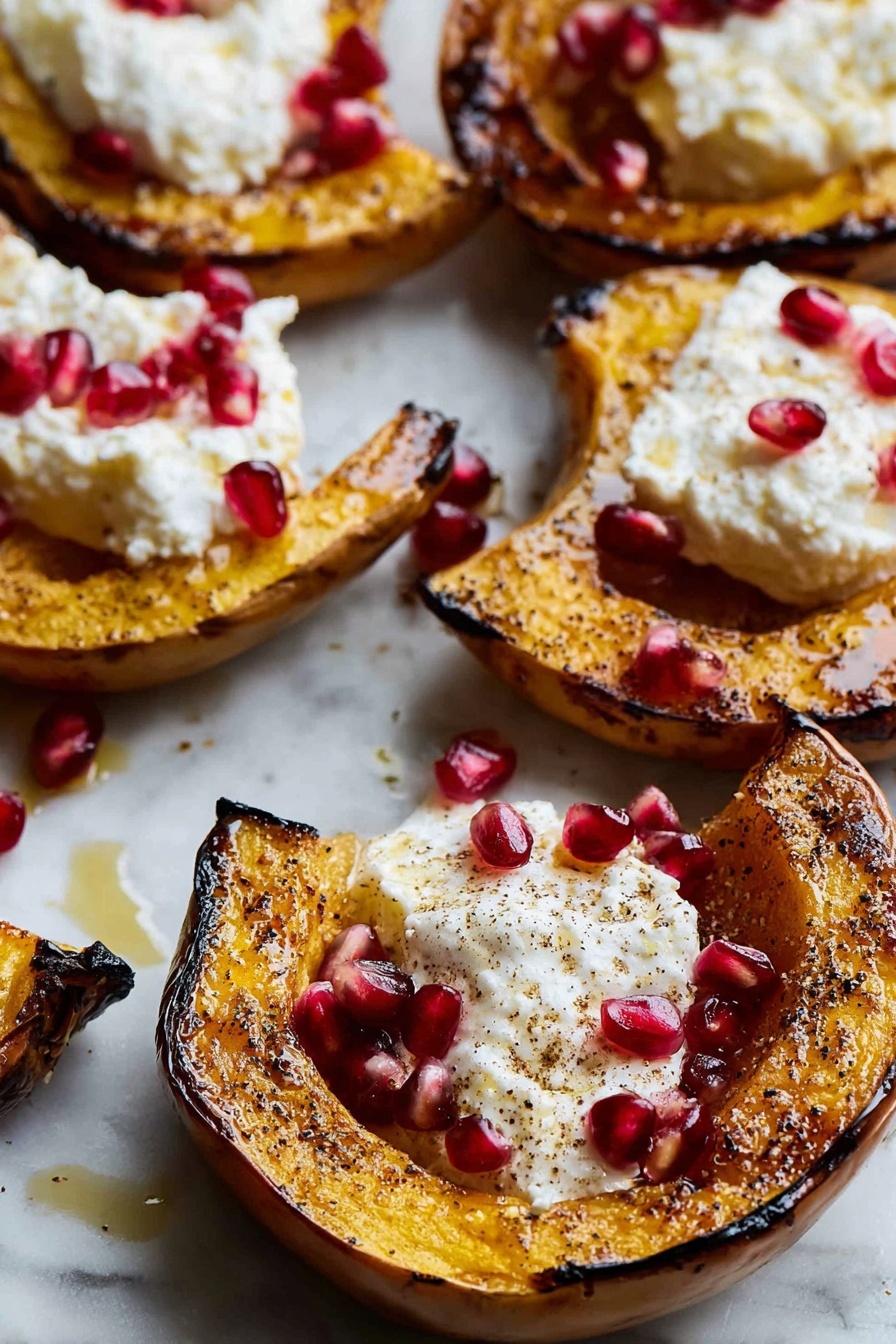 The image shows several slices of roasted orange squash arranged on a white marbled surface. Each slice has a golden-brown, slightly charred outer layer with a soft, cooked inside. On top of each slice, there is a dollop of creamy white cheese, sprinkled lightly with spices. Bright red pomegranate seeds are scattered on and around the cheese, adding a pop of color. A drizzle of golden honey or syrup shines on the cheese and squash, adding a glossy texture to the dish. The close-up view highlights the contrast between the warm colors of the squash and the fresh, creamy cheese topped with vibrant seeds. Photo taken with an iphone --ar 2:3 --v 7 - Roasted Acorn Squash with Ricotta and Pomegranate, Acorn Squash recipes, Fall vegetable dishes, Healthy roasted squash ideas, Pomegranate squash side dish