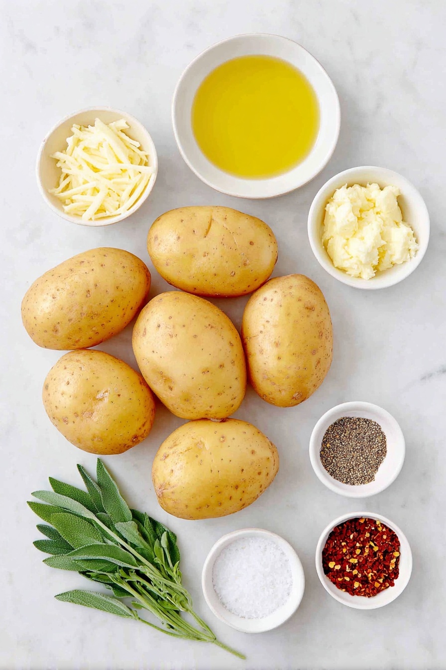 Flat lay of six medium Yukon Gold potatoes with smooth yellow skin, a small white bowl of extra-virgin olive oil glistening golden, a few fresh sage leaves with velvety green texture, a small white bowl of melted garlic butter gleaming softly, a small white bowl of coarse sea salt crystals, a small white bowl of freshly ground black pepper specks, a small bunch of bright fresh parsley sprigs, and a small white bowl containing vibrant red pepper flakes, all arranged with perfect symmetry on a clean white marble surface, soft natural light, photo taken with an iPhone, professional food photography style, fresh ingredients, white ceramic bowls, no bottles, no duplicates, no utensils, no packaging --ar 2:3 --v 7 --p awthu7i m7354615311229779997 - Crispy Hasselback Potatoes with Garlic Butter, Hasselback Potatoes, Garlic Butter Potatoes, Easy Side Dish Recipes, Baked Potatoes with Herbs