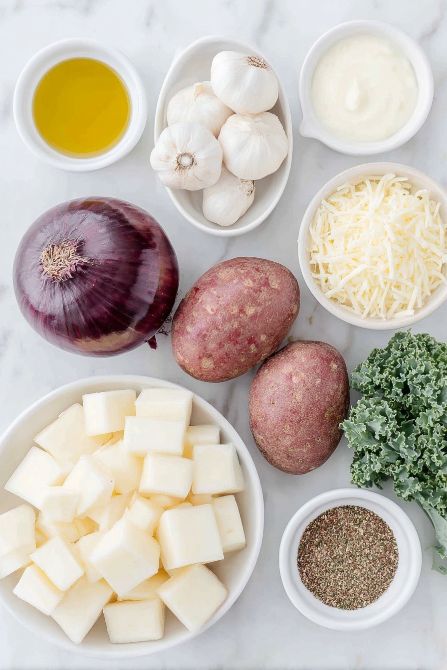 Flat lay of peeled russet potatoes cut into cubes arranged neatly next to a halved red onion with deep purple skin and white interior, six peeled garlic cloves clustered beside fresh chopped kale leaves, a small mound of freshly grated sharp cheddar cheese, a small white ceramic bowl of extra virgin olive oil, a small white bowl containing unsalted butter, a small white bowl filled with creamy heavy cream, a small white bowl holding clear white cooking wine, and a small white bowl with a fragrant all-purpose spice blend of dried herbs and paprika, all ingredients fresh and natural, perfectly balanced and symmetrical, placed on a clean white marble surface, soft natural light, photo taken with an iPhone, professional food photography style, fresh ingredients, white ceramic bowls, no bottles, no duplicates, no utensils, no packaging --ar 2:3 --v 7 --p m7354615311229779997 - Cheddar Garlic Herb Potato Soup, creamy potato soup, cheesy garlic soup, herb potato recipes, comforting soup ideas