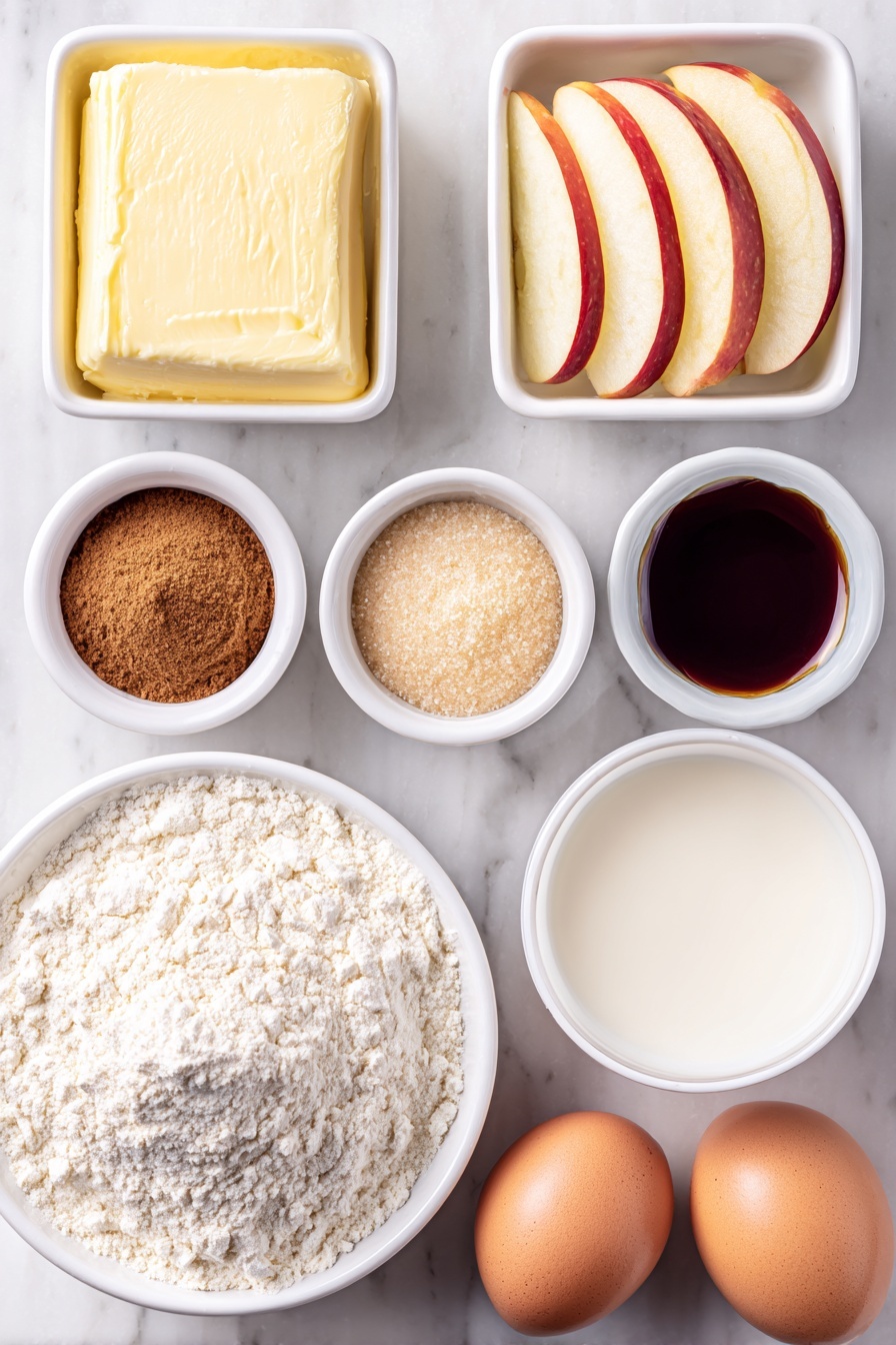 Flat lay of a small white ceramic bowl of unsalted butter, a small white bowl filled with light brown sugar, a small white bowl with ground cinnamon powder, a small white bowl with clear vanilla extract, two peeled and thinly sliced medium apples arranged neatly, a small white bowl of all-purpose flour, a small white bowl of baking powder, a small white bowl of ground nutmeg, a small white bowl of salt, a small white bowl filled with granulated sugar, two whole uncracked large brown eggs, a small white bowl containing whole milk, placed on a clean white marble surface, soft natural light, photo taken with an iPhone, professional food photography style, fresh ingredients, white ceramic bowls, no bottles, no duplicates, no utensils, no packaging --ar 2:3 --v 7 --p m7354615311229779997 - Caramel Apple Upside Down Cake, caramel apple cake, fall dessert recipes, easy apple upside down cake, cozy dessert recipes