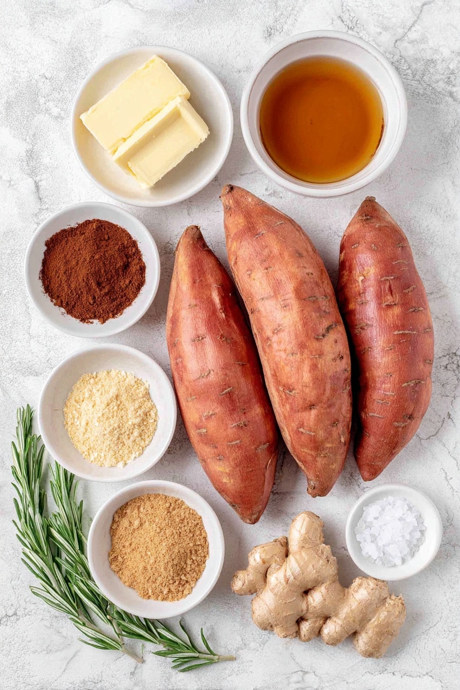 Flat lay of fresh whole medium sweet potatoes with vibrant orange skin, a few small sticks of unsalted yellow butter, a small white ceramic bowl filled with light amber pure maple syrup, another white ceramic bowl holding packed dark brown sugar, a white bowl containing warm brown ground cinnamon, a white bowl with fine light brown ground nutmeg, a white bowl with pale beige ground ginger, a small white bowl with clear pure vanilla extract, a few fresh bright orange zest strips artfully arranged, a small pile of coarse flaky sea salt crystals, and a few sprigs of fresh green rosemary, all placed symmetrically on a clean white marble surface, soft natural light, photo taken with an iPhone, professional food photography style, fresh ingredients, white ceramic bowls, no bottles, no duplicates, no utensils, no packaging --ar 2:3 --v 7 --p m7354615311229779997 - Candied Sweet Potatoes with Maple Glaze, sweet potato side dish, autumn sweet potato recipes, easy sweet potato side, maple glazed sweet potatoes