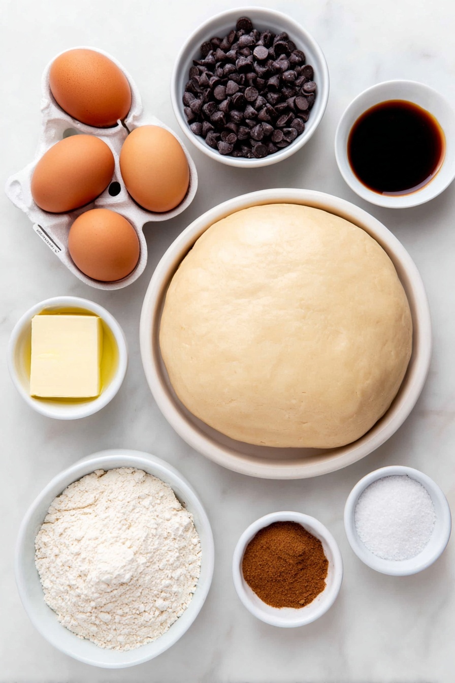 Flat lay of a smooth round disc of pale homemade pie dough, a small white ceramic bowl filled with glossy dark chocolate chips, a handful of whole shelled pecans with rich brown tones, three whole uncracked brown eggs, a small white ceramic bowl holding dark amber corn syrup, a small white ceramic bowl of packed dark brown sugar, a small white ceramic bowl with melted golden butter, a white ceramic bowl containing pale vanilla extract, a small white ceramic bowl of fine sea salt, and a small white ceramic bowl of warm brown ground cinnamon, all arranged in perfect symmetry and balanced proportions on a clean white marble surface, soft natural light, photo taken with an iPhone, professional food photography style, fresh ingredients, white ceramic bowls, no bottles, no duplicates, no utensils, no packaging --ar 2:3 --v 7 --p m7354615311229779997 - Dark Chocolate Pecan Pie, pecan pie with dark chocolate, decadent pecan pie recipe, chocolate pecan pie dessert, easy holiday pecan pie