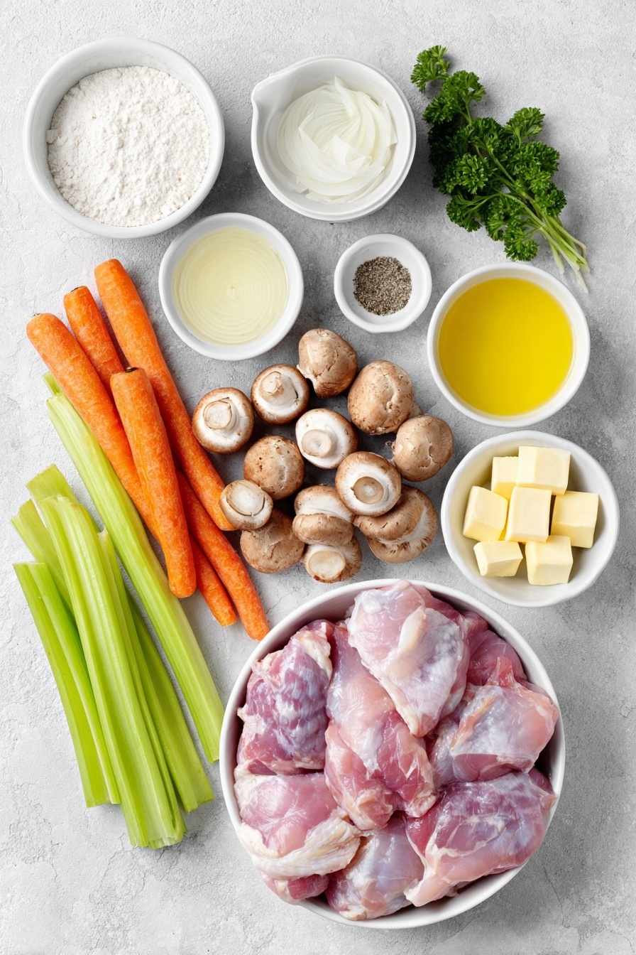 Flat lay of fresh boneless chicken thighs arranged neatly, two brown onions peeled and diced in a crisp white ceramic bowl, three whole garlic cloves with clean uncracked skins, a small white ceramic bowl filled with plain all-purpose flour, a small white bowl holding vegetable oil, another small white bowl with unsalted butter chunks, a tiny white ceramic bowl containing salt, a similar bowl with black pepper, a small bowl with dried thyme, and another with celery salt, a small white bowl with chicken stock, a small white bowl with freshly squeezed lemon juice, a cluster of 16-20 baby chestnut mushrooms, 16-20 bright orange chantenay carrots, three sticks of vibrant green celery roughly chopped, a small white bowl with double heavy cream, and a small bunch of fresh green parsley leaves placed artfully, all ingredients fresh and natural, arranged in perfect symmetry on a clean white marble surface, soft natural light, photo taken with an iPhone, professional food photography style, fresh ingredients, white ceramic bowls, no bottles, no duplicates, no utensils, no packaging --ar 2:3 --v 7 --p m7354615311229779997 - Creamy Chicken Casserole with Vegetables, Chicken and Veggie Casserole, Easy Creamy Chicken Bake, Hearty Chicken and Vegetable Dinner, Comforting Chicken Casserole