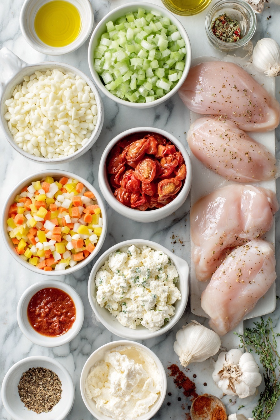 Flat lay of fresh garlic cloves, a small white ceramic bowl of chopped white onion, another bowl with chopped orange carrots, a bowl containing chopped green celery, a bowl with a colorful mix of chopped red, yellow, and green bell peppers, raw whole chicken breasts, a small white bowl filled with bright red fire roasted tomato chunks, a small white bowl of creamy heavy cream, a small white bowl with softened cream cheese, a small white bowl holding golden olive oil, a few dried Cajun seasoning leaves and vibrant red chili flakes scattered nearby, a small white bowl of bright red hot sauce, all ingredients arranged symmetrically on a clean white marble surface, soft natural light, photo taken with an iPhone, professional food photography style, fresh ingredients, white ceramic bowls, no bottles, no duplicates, no utensils, no packaging --ar 2:3 --v 7 --p m7354615311229779997 - Creamy Cajun Chicken Soup, Cajun Chicken Soup, Spicy Cajun Soup, Creamy Chicken Soup Recipes, Easy Cajun Soup