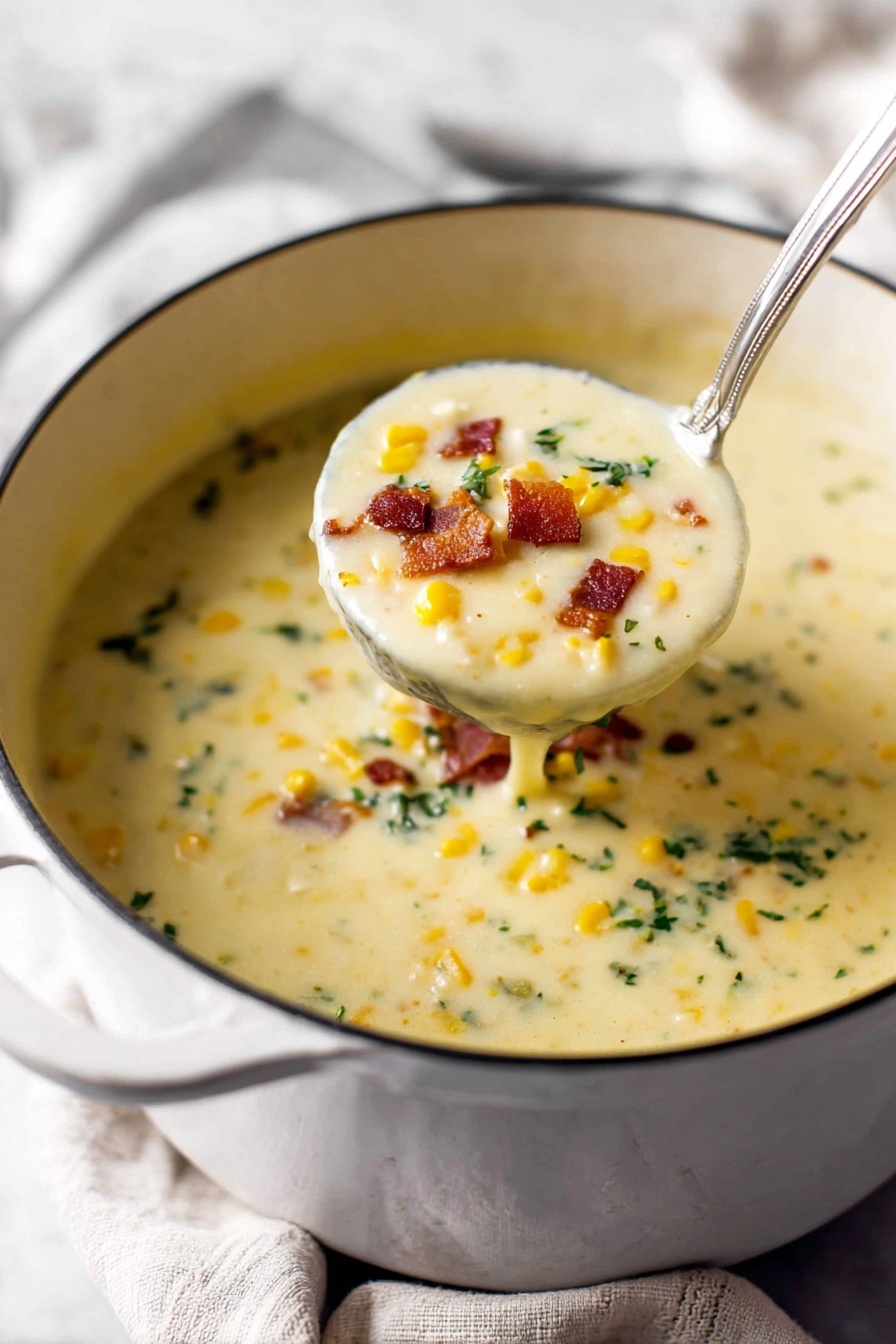 A large white pot filled with creamy corn soup is shown on a white marbled surface with a soft cloth underneath. The soup has a thick, smooth texture with a pale yellow color, dotted with small pieces of bright yellow corn, bits of green herbs, and crispy brown bacon bits scattered on top. A metal ladle is lifting a scoop of soup, clearly showing its creamy consistency and the colorful toppings. The background is softly blurred to keep the focus on the soup. photo taken with an iphone --ar 2:3 --v 7 - Creamy Potato Soup, easy potato soup, comforting potato soup, hearty potato soup recipe, homemade creamy soup