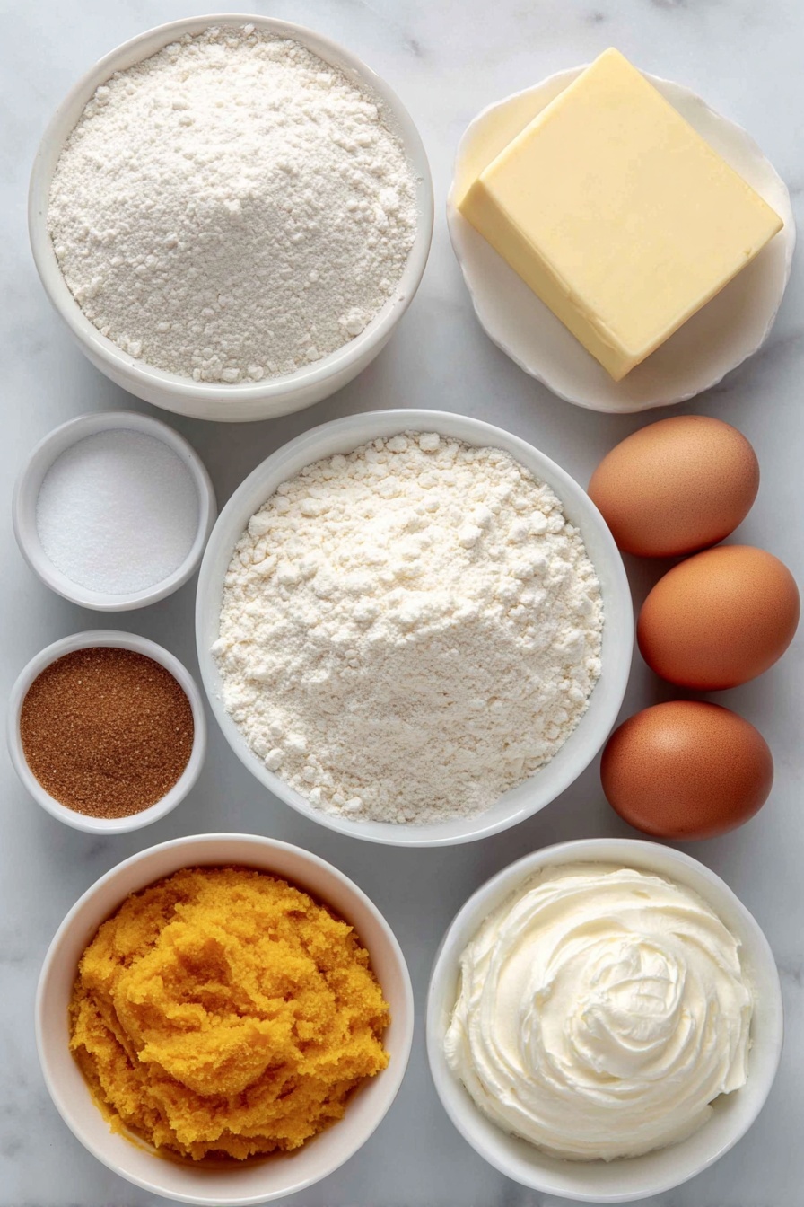 Flat lay of all purpose flour in a small mound, two teaspoons of baking powder in a small white bowl, a pinch of kosher salt in a small white bowl, a quarter cup of softened unsalted butter as a smooth pale yellow block, a quarter cup of granulated brown sugar in a neat pile, a small white bowl holding vivid orange pumpkin puree, a small white bowl with smooth whipped cream cheese, a small white bowl filled with golden honey, a small white bowl with ground cinnamon, a small white bowl of powdered sugar, a small white bowl containing fresh cream, a few whole brown eggs with clean shells arranged neatly placed on a clean white marble surface, soft natural light, photo taken with an iPhone, professional food photography style, fresh ingredients, white ceramic bowls, no bottles, no duplicates, no utensils, no packaging --ar 2:3 --v 7 --p m7354615311229779997 - Pumpkin Cinnamon Rolls with Cream Cheese Glaze, pumpkin cinnamon rolls, fall cinnamon roll recipes, pumpkin dessert ideas, easy cinnamon roll recipes