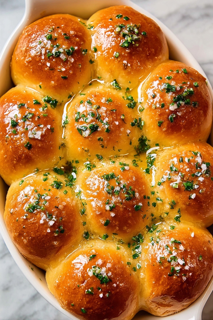 The image shows a white oval dish filled with 15 golden brown rolls arranged in a close cluster. Each roll has a smooth, shiny surface that looks soft and fluffy with a slight crisp on top. The rolls are topped with chopped green herbs spread evenly, adding fresh color contrast. There is a light glaze that makes the rolls appear moist, and small bits of coarse salt can be seen scattered on the surface. The dish is set on a white marbled texture background. photo taken with an iphone --ar 2:3 --v 7 - Garlic Butter Dinner Rolls, homemade dinner rolls, fluffy bread rolls, garlic bread rolls, soft buttery dinner rolls