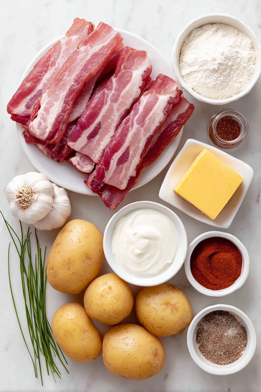 Flat lay of six uncooked bacon strips cut into small pieces, a small chunk of golden yellow butter, one medium yellow onion chopped, three large garlic cloves peeled, a small white bowl with all-purpose flour, several peeled and diced gold potatoes, a small white bowl filled with chicken broth, a small white bowl filled with milk, a small white bowl with heavy cream, one small white bowl containing coarse salt, one small white bowl of ground black pepper, one small white bowl with ancho chili powder, a small white bowl filled with sour cream, and a few sprigs of fresh chives placed on a clean white marble surface, soft natural light, photo taken with an iPhone, professional food photography style, fresh ingredients, white ceramic bowls, no bottles, no duplicates, no utensils, no packaging --ar 2:3 --v 7 --p m7354615311229779997 - Creamy Potato Soup with Bacon, creamy potato soup, bacon potato soup recipe, cozy potato soup, hearty bacon soup