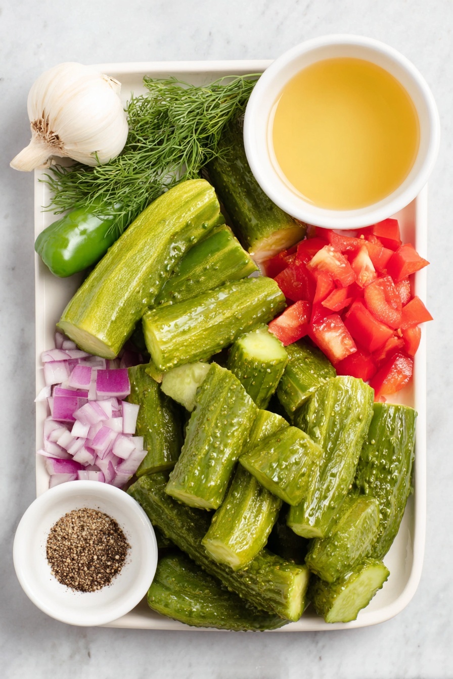 Flat lay of fresh whole dill pickles sliced into chunks, diced bright green cucumber, diced vivid red bell pepper, diced purple-red onion, a whole green jalapeño pepper, a single unpeeled garlic clove, a small bunch of fresh green dill sprigs, a small white ceramic bowl filled with clear pickle brine, and a small white ceramic bowl with freshly ground black pepper, all arranged in perfect symmetry on a clean white ceramic plate and simple small bowls, placed on a clean white marble surface, soft natural light, photo taken with an iPhone, professional food photography style, fresh ingredients, white ceramic bowls, no bottles, no duplicates, no utensils, no packaging --ar 2:3 --v 7 --p m7354615311229779997 - Pickle de Gallo, Fresh Pickle de Gallo, Tangy Salsa de Gallo, Quick Pickle de Gallo, Versatile Pickle de Gallo
