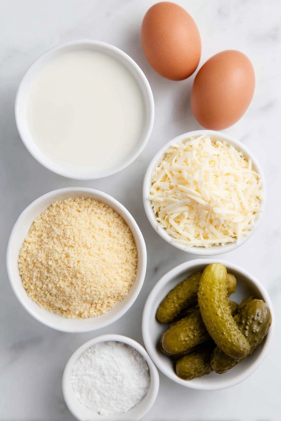 Flat lay of a small white ceramic bowl with skim milk, two whole uncracked brown eggs, a small white ceramic bowl filled with seasoned golden breadcrumbs, a small white ceramic bowl of grated Parmesan cheese, and several fresh dill pickle spears arranged neatly, placed on a clean white marble surface, soft natural light, photo taken with an iPhone, professional food photography style, fresh ingredients, white ceramic bowls, no bottles, no duplicates, no utensils, no packaging --ar 2:3 --v 7 --p m7354615311229779997 - Baked Dill Pickle Fries, baked pickle fries, crispy pickle fries, healthy snack recipes, easy pickle fry recipe