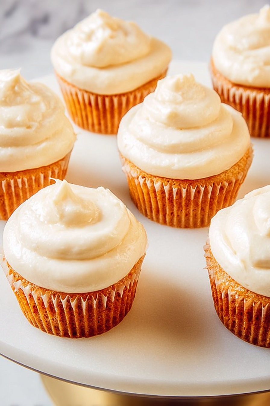 There are six cupcakes on a large white plate. Each cupcake has one layer of orange-colored cake at the bottom and a thick layer of creamy white frosting swirled on top, forming a small peak in the center. The cupcakes sit on a white marbled surface with soft natural light giving a warm feel. The focus is clear, showing the texture of the frosting and cake well, with a slight shadow cast around each cupcake. photo taken with an iphone --ar 2:3 --v 7 - Pumpkin Spice Cupcakes with Cream Cheese Frosting, pumpkin spice cupcakes, fall cupcake recipe, pumpkin dessert ideas, easy pumpkin cupcakes