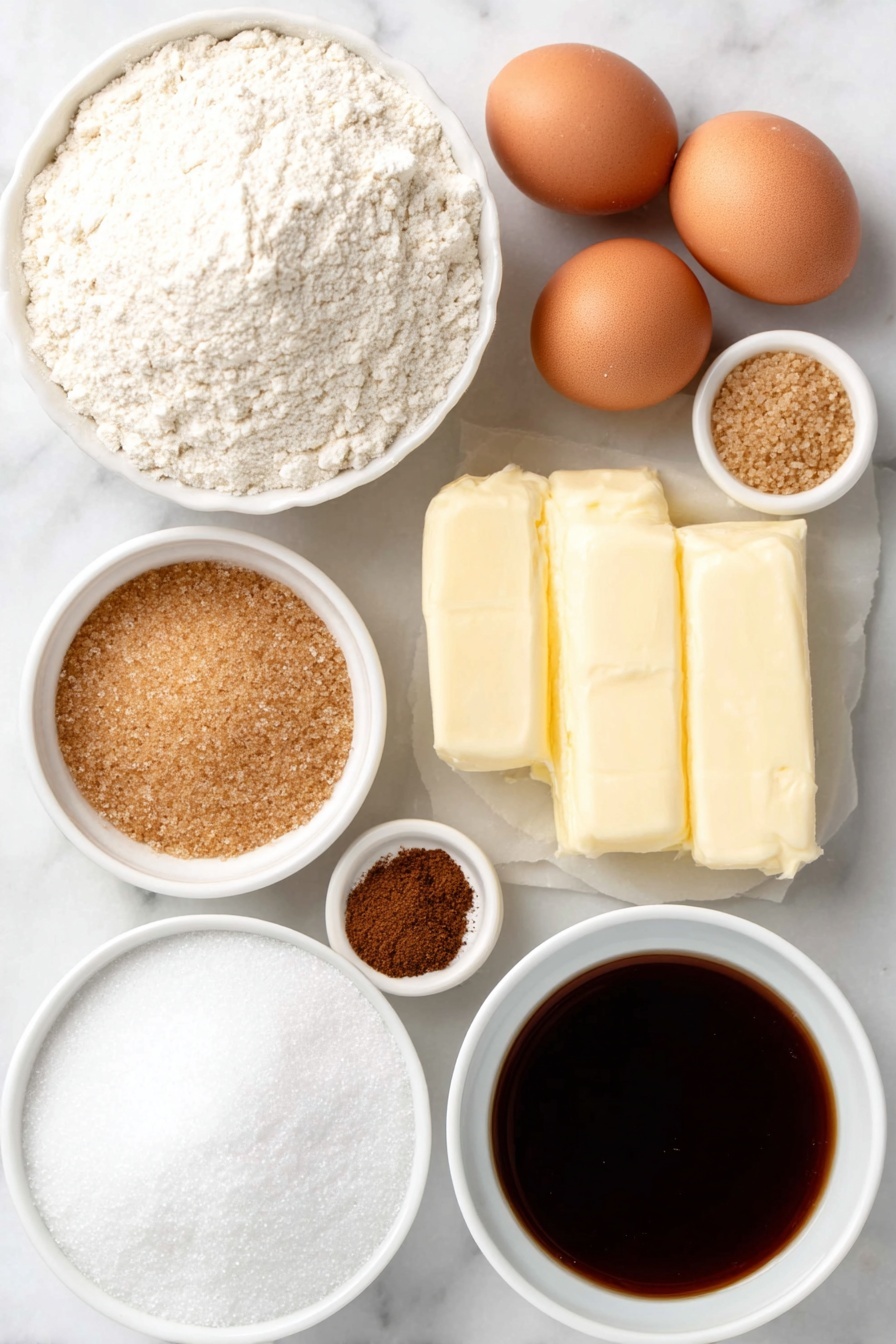 Flat lay of a small mound of all-purpose flour, a few whole brown eggs with clean shells, a small white ceramic bowl of light brown sugar, a small white ceramic bowl of granulated sugar, a small white ceramic bowl of dark molasses, a generous slab of unsalted butter, a small white ceramic bowl containing a delicate mix of ground ginger, ground cinnamon, ground cloves, nutmeg, baking soda, and salt arranged side by side in neat piles, and a small white ceramic bowl of coarse sugar for rolling, all arranged symmetrically and naturally on a clean white marble surface, soft natural light, photo taken with an iPhone, professional food photography style, fresh ingredients, white ceramic bowls, no bottles, no duplicates, no utensils, no packaging --ar 2:3 --v 7 --p m7354615311229779997 - Soft Molasses Cookies, molasses cookies recipe, easy molasses cookies, soft cookie recipes, holiday cookie recipes