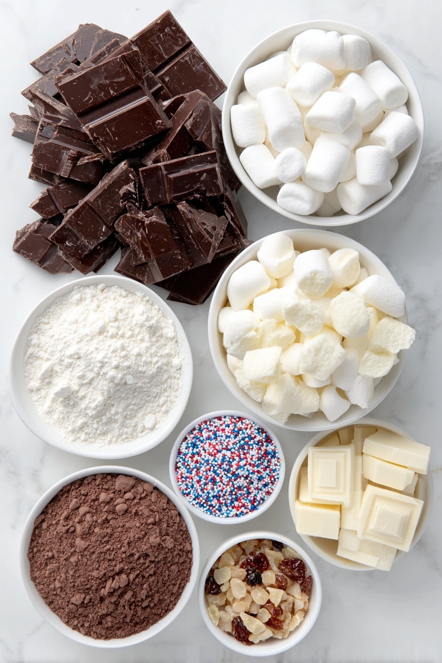 Flat lay of a small pile of glossy broken dark chocolate pieces, a small white ceramic bowl filled with finely powdered hot cocoa mix, a handful of fluffy white mini marshmallows, a small white ceramic bowl containing colorful round sprinkles, and a few assorted fillings such as small chunks of nuts and dried fruit arranged individually in simple white ceramic bowls, all placed symmetrically on a clean white marble surface, soft natural light, photo taken with an iPhone, professional food photography style, fresh ingredients, white ceramic bowls, no bottles, no duplicates, no utensils, no packaging --ar 2:3 --v 7 --p m7354615311229779997 - Hot Chocolate Bombs, Hot Chocolate Bombs recipe, easy hot chocolate bombs, how to make hot chocolate bombs, winter drinks ideas