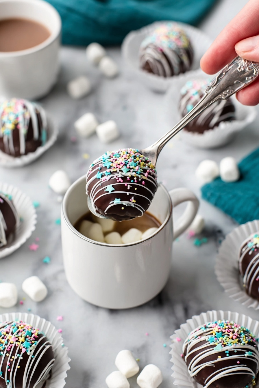 A shiny dark chocolate ball covered with white drizzle lines and colorful small round and star-shaped sprinkles sits on a silver spoon held by a woman's hand, positioned over a white cup filled with light cream. Around the cup, there are several more dark chocolate balls with similar white drizzle and sprinkles inside white paper liners, all placed on a white marbled surface sprinkled with tiny white marshmallows. A white cup with chocolate drink is partly visible in the upper left corner, and a folded teal napkin appears on the right side of the scene. Photo taken with an iphone --ar 2:3 --v 7 - Hot Chocolate Bombs, Hot Chocolate Bombs recipe, easy hot chocolate bombs, how to make hot chocolate bombs, winter drinks ideas