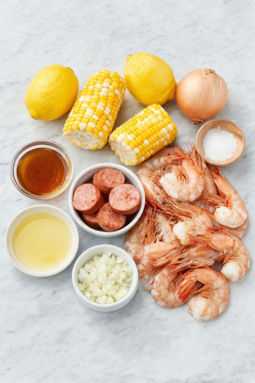 Flat lay of extra large unpeeled shrimp with vibrant pink shells, small glossy red potatoes, four large ears of corn broken into smaller pieces with bright yellow kernels, sliced kielbasa with a rich reddish-brown color, two whole fresh lemons with bright yellow peel alongside lemon rinds, one large quartered white onion with purplish skin, a small white ceramic bowl of finely minced fresh garlic, a small white ceramic bowl of melted golden butter, a small white ceramic bowl of coarse kosher salt, a small white ceramic bowl of reddish-orange Old Bay seasoning, a small white ceramic bowl containing a dark amber beer, and a rustic bag of shrimp and crab boil spice mix beside the ingredients all arranged in perfect symmetry, placed on a clean white marble surface, soft natural light, photo taken with an iPhone, professional food photography style, fresh ingredients, white ceramic bowls, no bottles, no duplicates, no utensils, no packaging --ar 2:3 --v 7 --p m7354615311229779997 - Easy Low Country Shrimp Boil, Low Country Shrimp Boil, Seafood Boil Recipe, Shrimp and Corn Boil, Southern Shrimp Boil