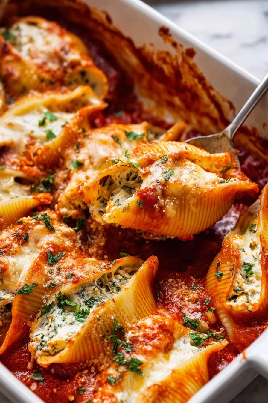 The image shows a shallow white bowl filled with three large pasta shells stuffed with a creamy, greenish-white filling, covered in bright red tomato sauce. The shells have a slightly browned, melted cheese layer on top. Fresh green basil leaves and grated white cheese are sprinkled over the pasta, adding texture and color contrast. A fork is placed inside the bowl on the right side, with some sauce visible on it. The bowl sits on a soft gray cloth on a white marbled surface, with green basil leaves scattered around. In the background, there is a white rectangular baking dish filled with more baked pasta shells in tomato sauce. Photo taken with an iphone --ar 2:3 --v 7 - Spinach Ricotta Stuffed Shells, spinach stuffed shells, ricotta stuffed shells, baked stuffed shells with spinach, cheesy pasta shells with spinach