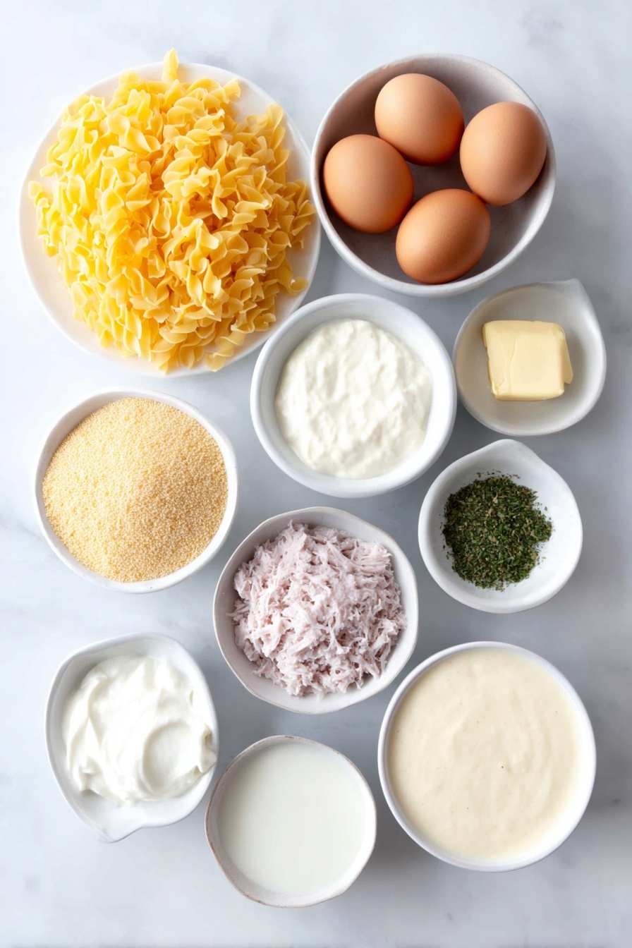 Flat lay of a small mound of golden egg noodles, a small handful of frozen green peas, a neat pile of shredded bright orange cheddar cheese, a small heap of light golden breadcrumbs, a small mound of finely grated pale parmesan cheese, a dollop of creamy white sour cream, two whole uncracked brown eggs, a small white bowl filled with creamy beige cream of mushroom soup, a small white bowl filled with creamy white cream of chicken soup, a small white bowl holding flaked pale pink tuna, a small white bowl containing smooth white milk, a small white bowl with melted golden butter, a few sprigs of dried green parsley, a tiny pile of pale beige onion powder, a tiny pile of light beige garlic powder, a tiny pile of coarse black pepper, and a tiny pile of coarse white kosher salt, all arranged with perfect symmetry on simple white ceramic dishes, placed on a clean white marble surface, soft natural light, photo taken with an iPhone, professional food photography style, fresh ingredients, white ceramic bowls, no bottles, no duplicates, no utensils, no packaging --ar 2:3 --v 7 --p m7354615311229779997 - Tuna Noodle Casserole, comforting family dinner, easy casserole recipe, creamy tuna pasta bake, quick weeknight meal