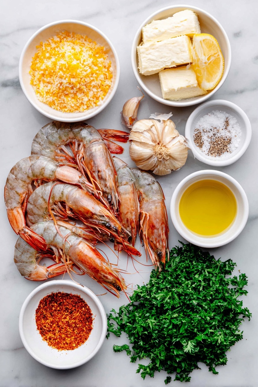 Flat lay of large raw shrimp with shells removed, several whole uncracked brown garlic cloves and some finely minced garlic, a small handful of coarse kosher salt crystals, a few twists of freshly ground black pepper, a small pat of unsalted butter, a small white bowl with golden panko bread crumbs, thin strips of bright yellow lemon zest, a small white bowl with clear extra-virgin olive oil, a pinch of crushed red pepper flakes, a small white bowl filled with pale yellow dry white wine, a halved lemon showing juicy flesh, a small pile of fresh chopped bright green parsley all arranged symmetrically in a harmonious composition, placed on a clean white marble surface, soft natural light, photo taken with an iPhone, professional food photography style, fresh ingredients, white ceramic bowls, no bottles, no duplicates, no utensils, no packaging --ar 2:3 --v 7 --p m7354615311229779997 - Shrimp Scampi with Garlic and Lemon, Shrimp Scampi, Garlic Lemon Shrimp, Easy Shrimp Dinner, Seafood Pasta Dish