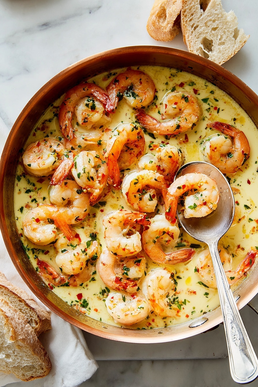 A shiny copper pan filled with one layer of cooked shrimp in a light yellow creamy sauce, sprinkled with small green herbs and bits of red chili flakes. The shrimp are bright orange and pink with white edges and their tails still on. A silver spoon rests inside the pan, holding three shrimp in sauce. The pan is placed on a white marbled surface with some chunks of light brown bread around it. photo taken with an iphone --ar 2:3 --v 7 - Shrimp Scampi with Garlic and Lemon, Shrimp Scampi, Garlic Lemon Shrimp, Easy Shrimp Dinner, Seafood Pasta Dish
