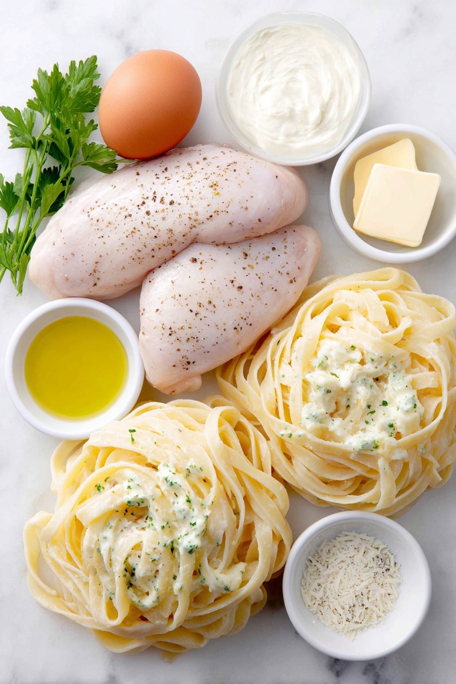 Flat lay of dry fettuccine pasta nests, two boneless skinless chicken breasts seasoned with herbs and pepper, a small pat of golden butter slices, a few sprigs of fresh parsley, a whole uncracked brown egg, a small white ceramic bowl of extra-virgin olive oil, a small white ceramic bowl of heavy whipping cream, a small white ceramic bowl filled with finely grated Parmesan cheese, a small white ceramic bowl containing minced garlic cloves, sprinkled kosher salt and freshly ground black pepper scattered sparsely around, placed on a clean white marble surface, soft natural light, photo taken with an iPhone, professional food photography style, fresh ingredients, white ceramic bowls, no bottles, no duplicates, no utensils, no packaging --ar 2:3 --v 7 --p m7354615311229779997 - Creamy Chicken Alfredo Pasta, Chicken Alfredo, Creamy Alfredo Sauce, Fettuccine Alfredo, Easy Chicken Alfredo