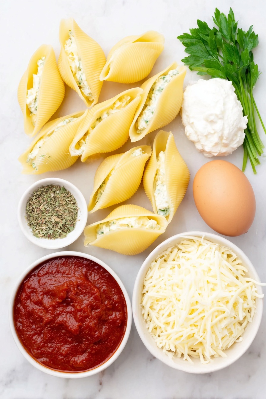 Flat lay of a handful of large, pale yellow jumbo pasta shells arranged neatly, a small mound of creamy white ricotta cheese, a small pile of shredded mozzarella cheese with soft white and pale yellow strands, a small heap of finely grated parmesan cheese with a sandy texture, a single whole brown egg with a clean shell, a few fresh bright green parsley sprigs, a small white ceramic bowl filled with vibrant red marinara sauce, and a small white bowl containing a blend of dried Italian seasoning herbs — all placed on a clean white marble surface, soft natural light, photo taken with an iPhone, professional food photography style, fresh ingredients, white ceramic bowls, no bottles, no duplicates, no utensils, no packaging --ar 2:3 --v 7 --p m7354615311229779997 - Cheesy Stuffed Shells with Marinara, cheesy stuffed shells, baked stuffed shells, Italian stuffed pasta, comfort food recipes